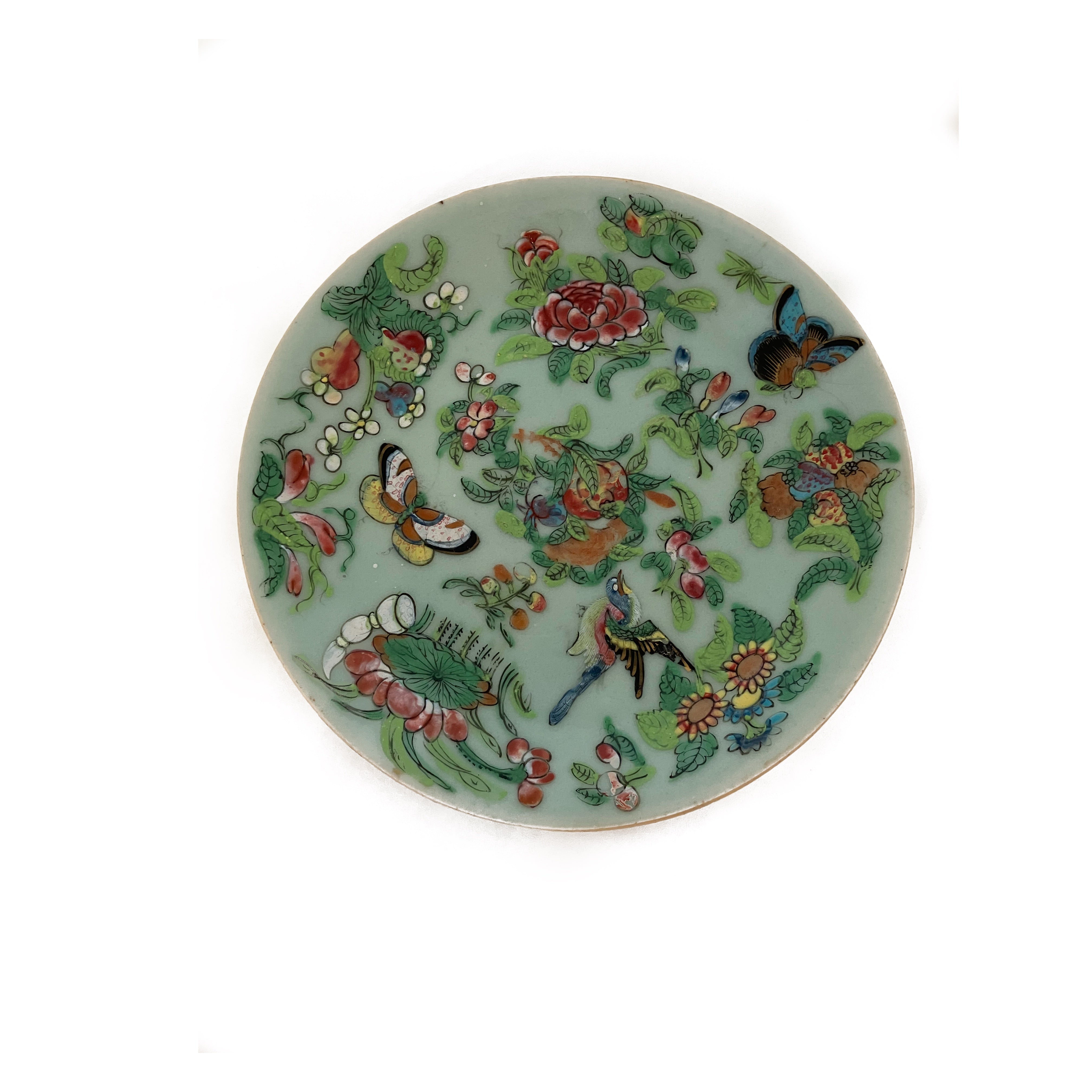 Canton Famille Chinese Porcelain Celadon-Ground Plate