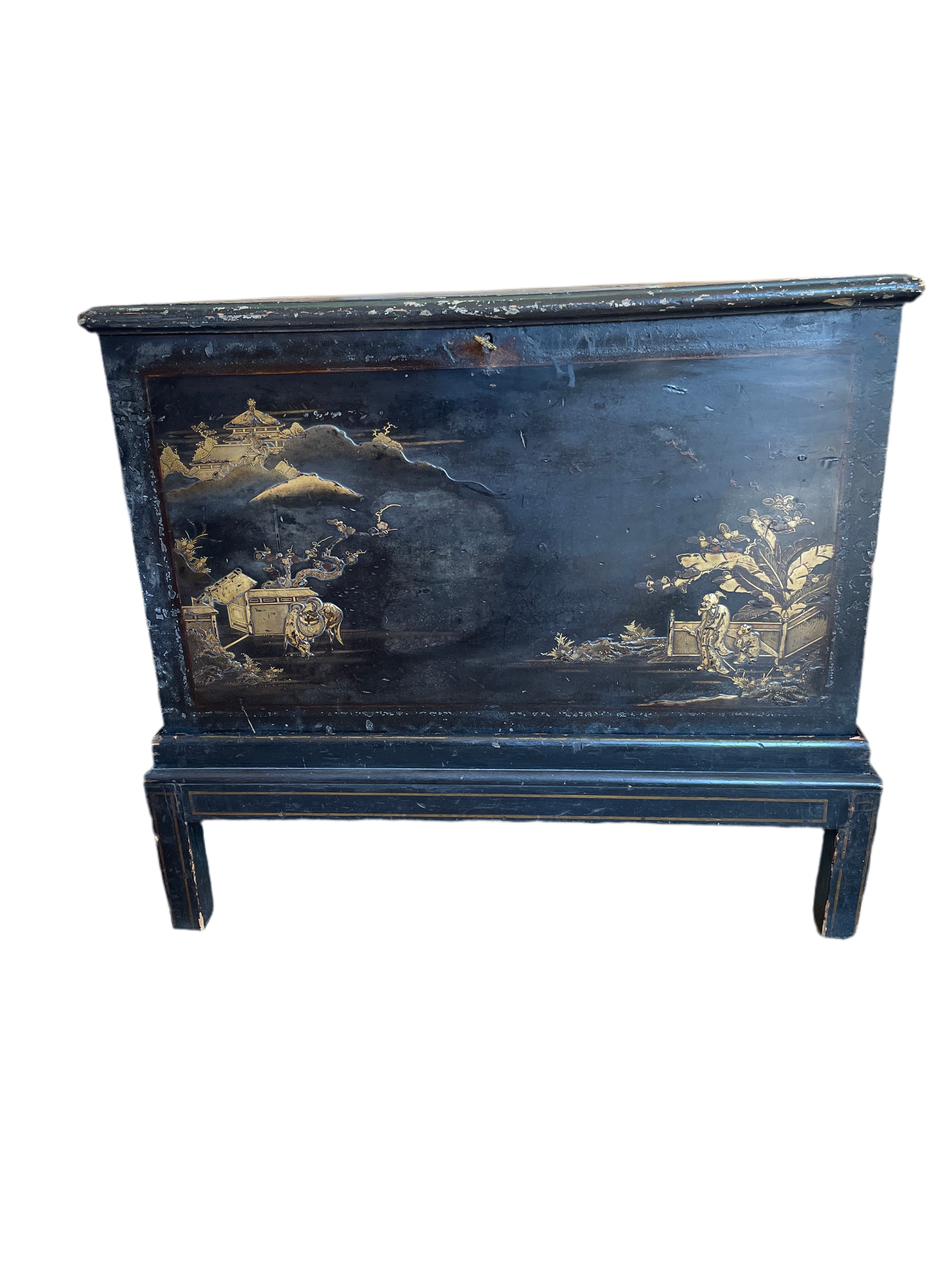 Antique Black Lacquered Chinoiserie Trunk on Stand