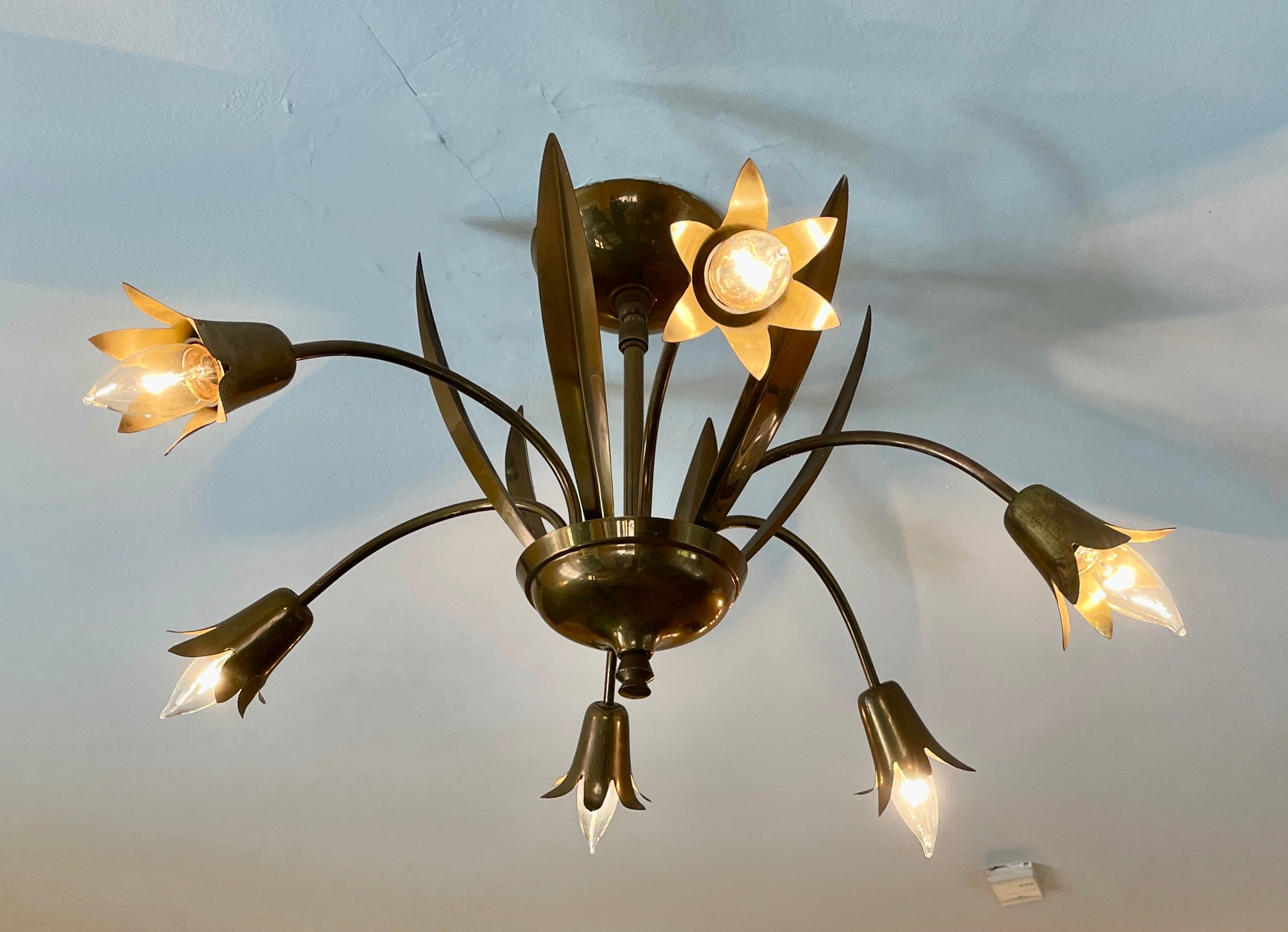 Vintage Chandelier in Brass with Bent Lily Candle Holders