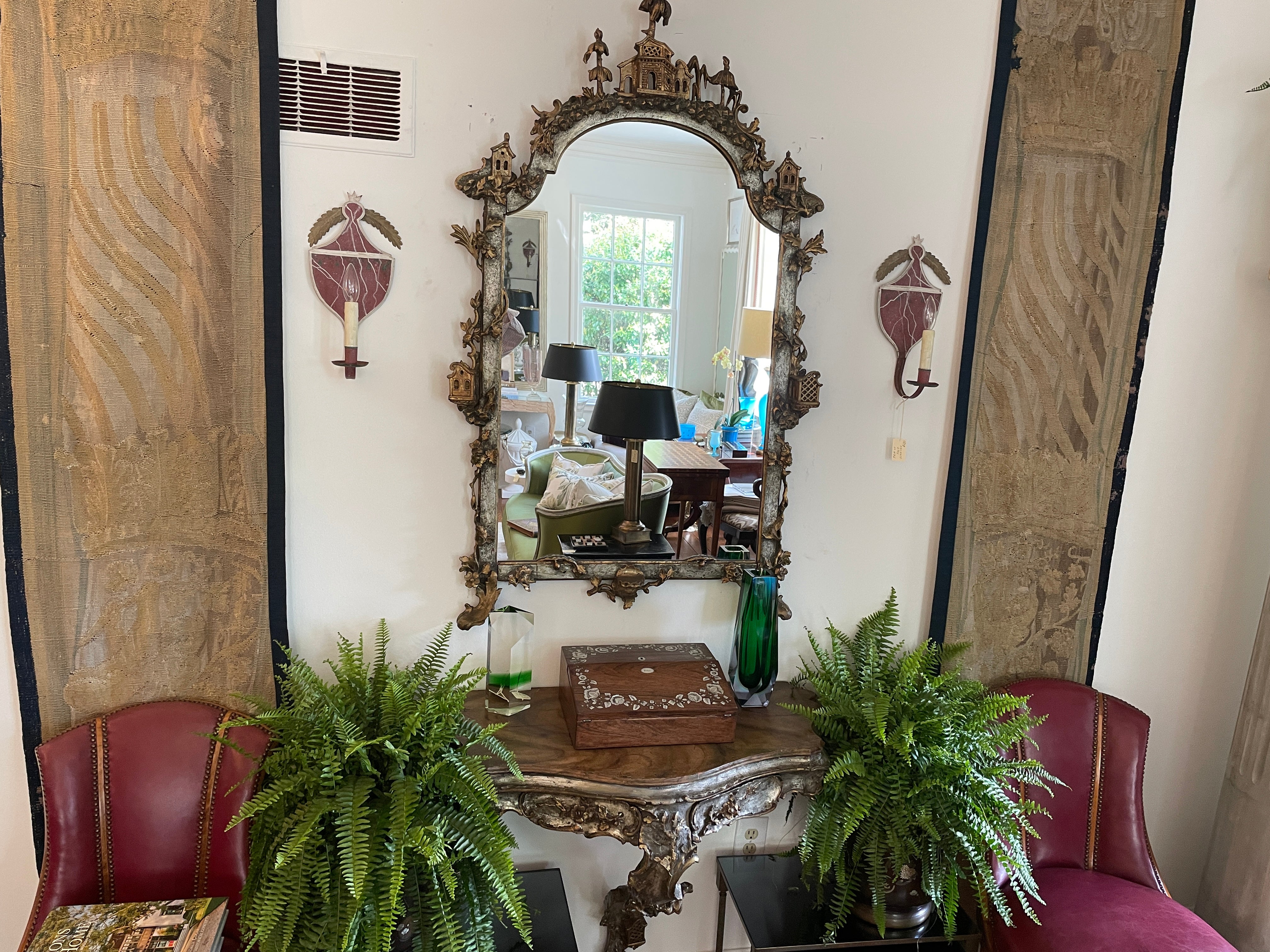 Antique Louis XV Style Silver and Gold Leaf Carved Console and Mirror