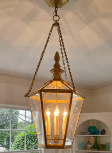 Gilt Bronze Lantern with Triple Chain and Hex Canopy