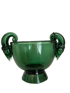 Green Vintage Art Glass Bowl  with Fish Handles