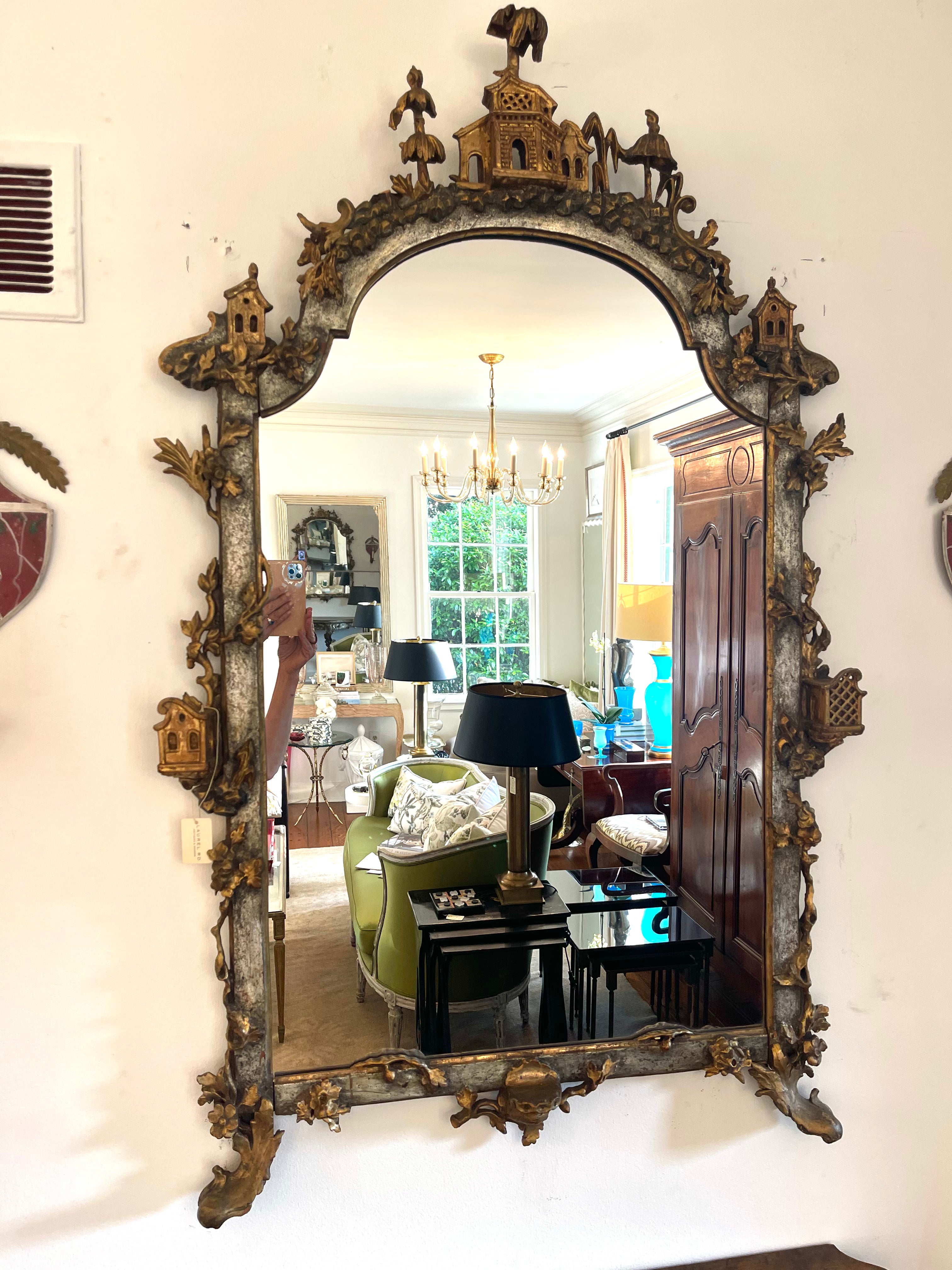 Antique Louis XV Style Silver and Gold Leaf Carved Console and Mirror