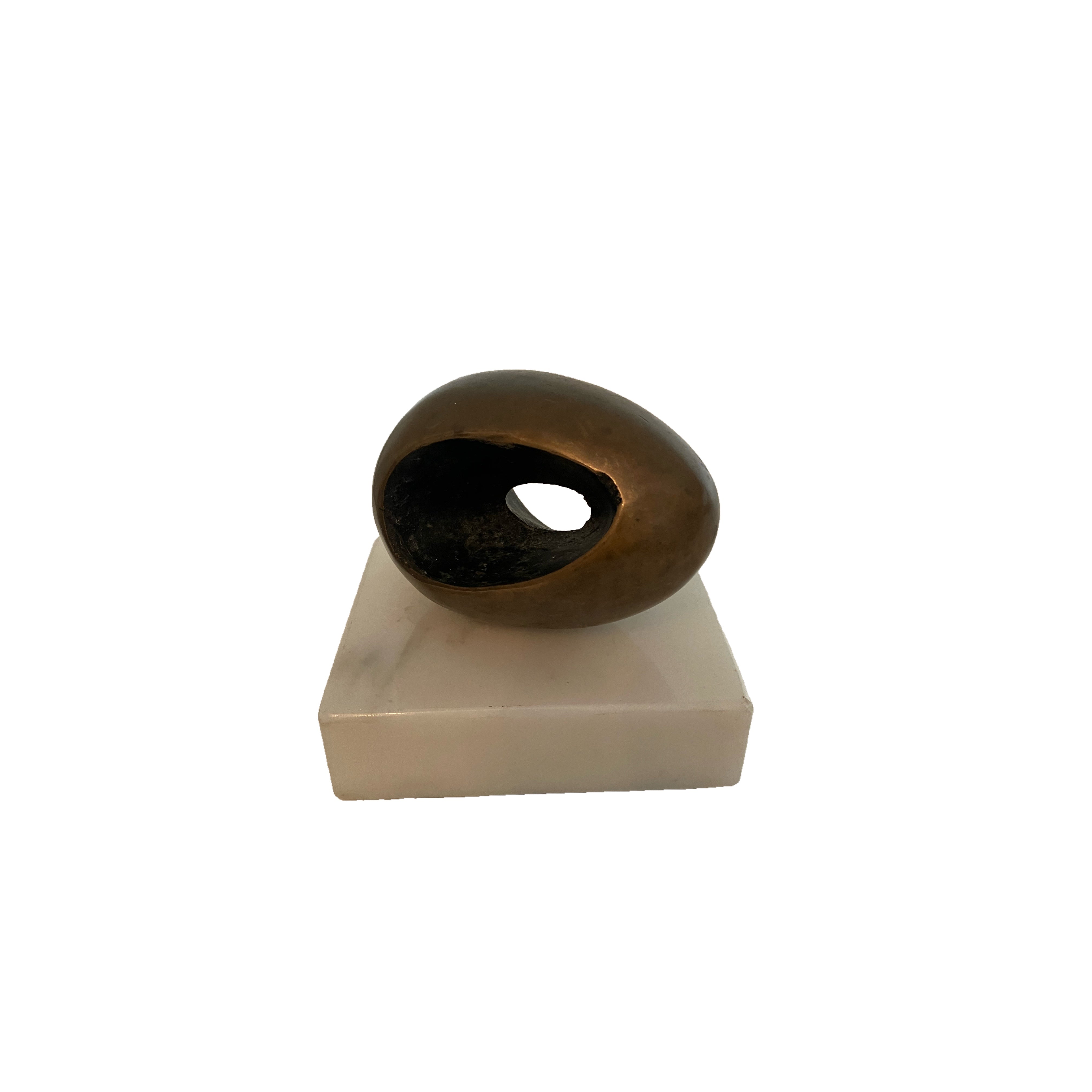 Midcentury Sculpture, Bronze Oval on White Marble