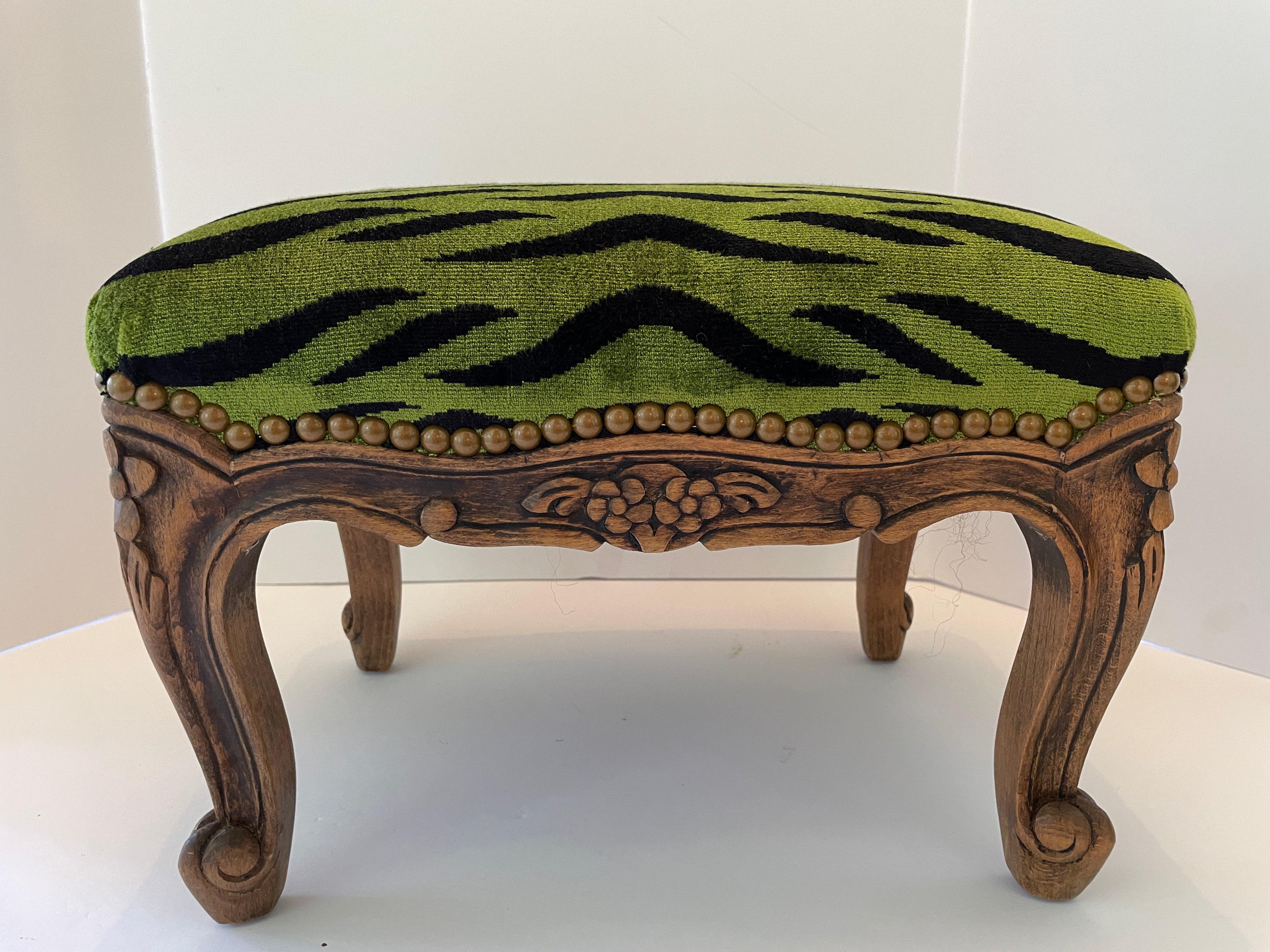 Footstool with Green Schumacher Tiger Velvet