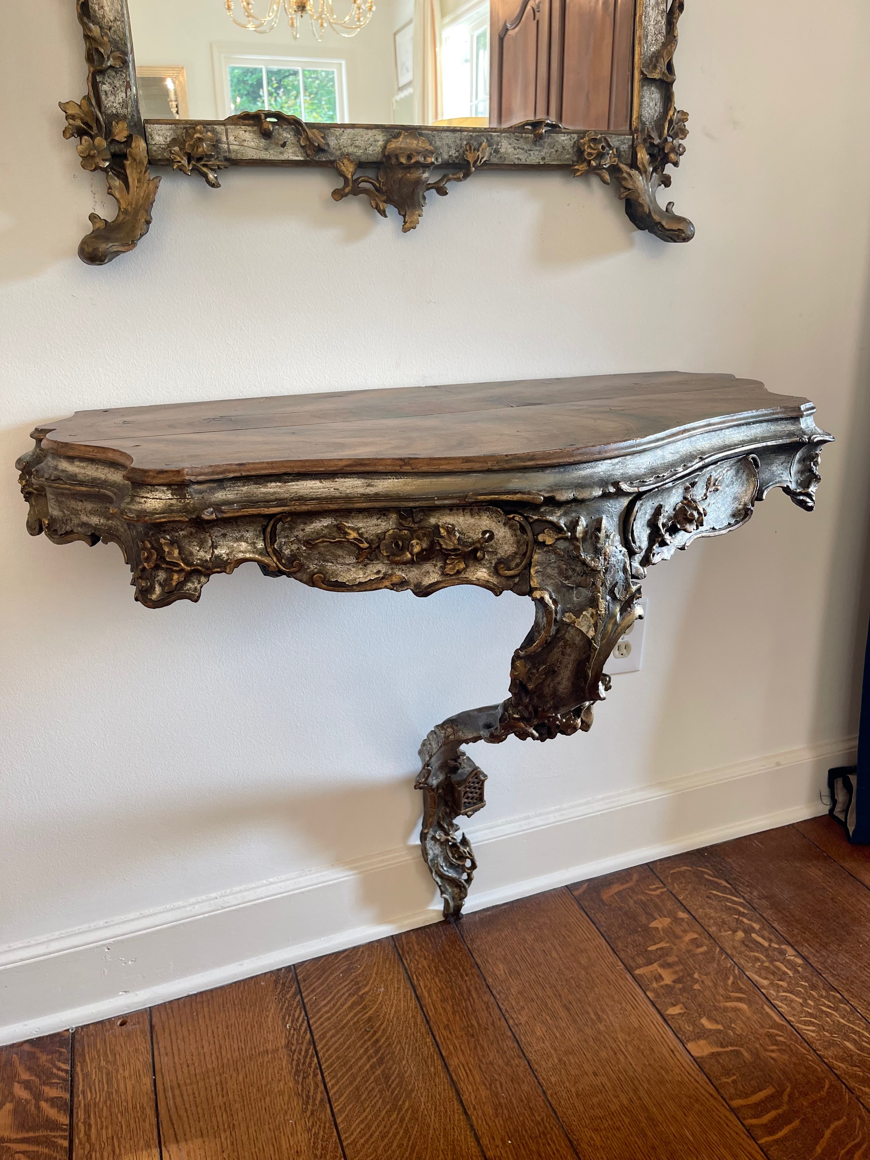 Antique Louis XV Style Silver and Gold Leaf Carved Console and Mirror