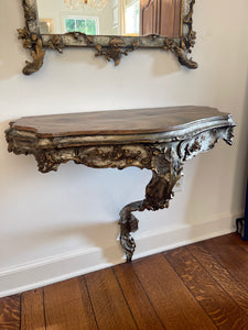 Antique Louis XV Style Silver and Gold Leaf Carved Console and Mirror