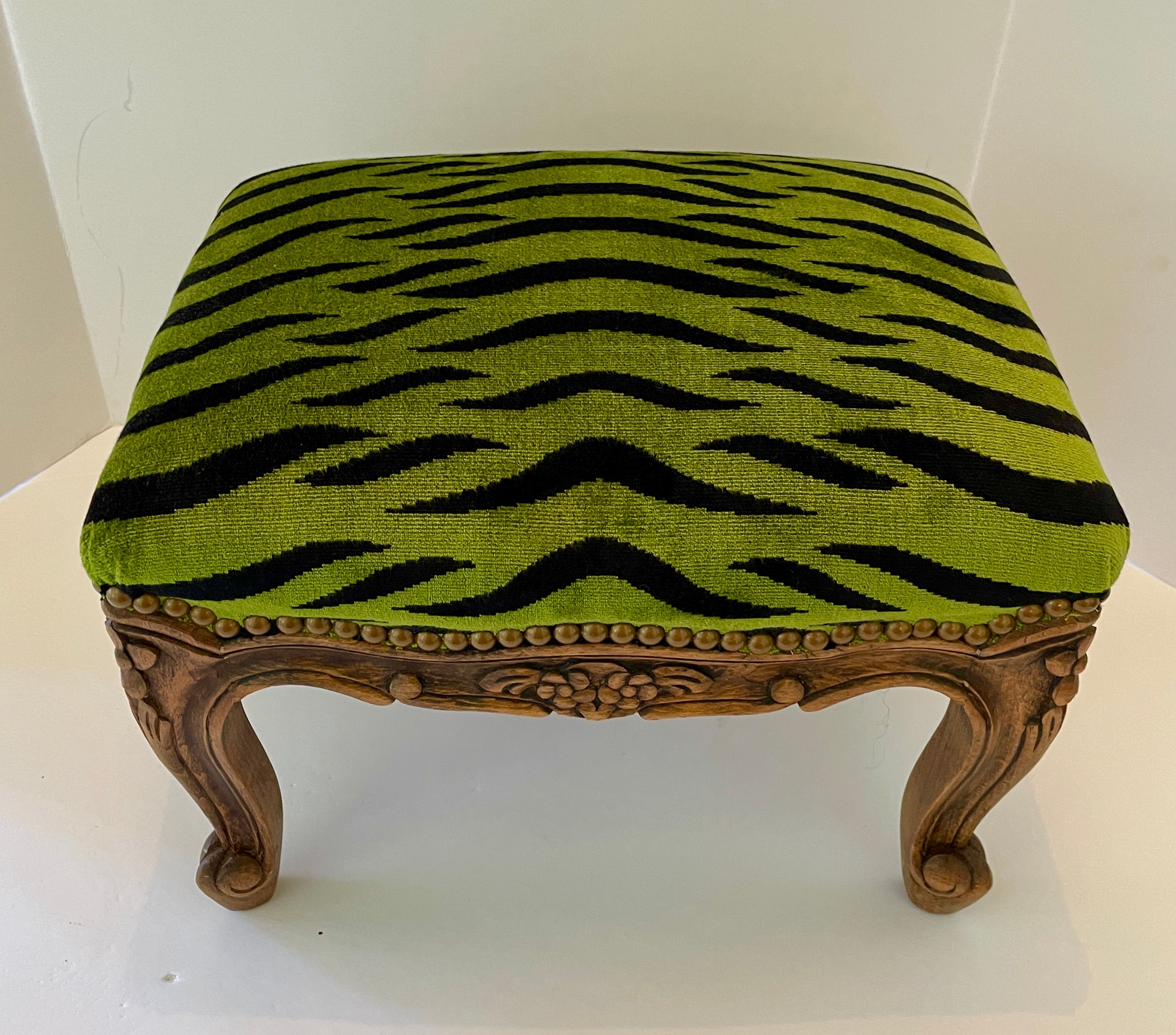 Footstool with Green Schumacher Tiger Velvet