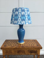 Load image into Gallery viewer, Pair of Mid Century Ceramic Lamps in French Blue with Blue Shirred Ikat Shades
