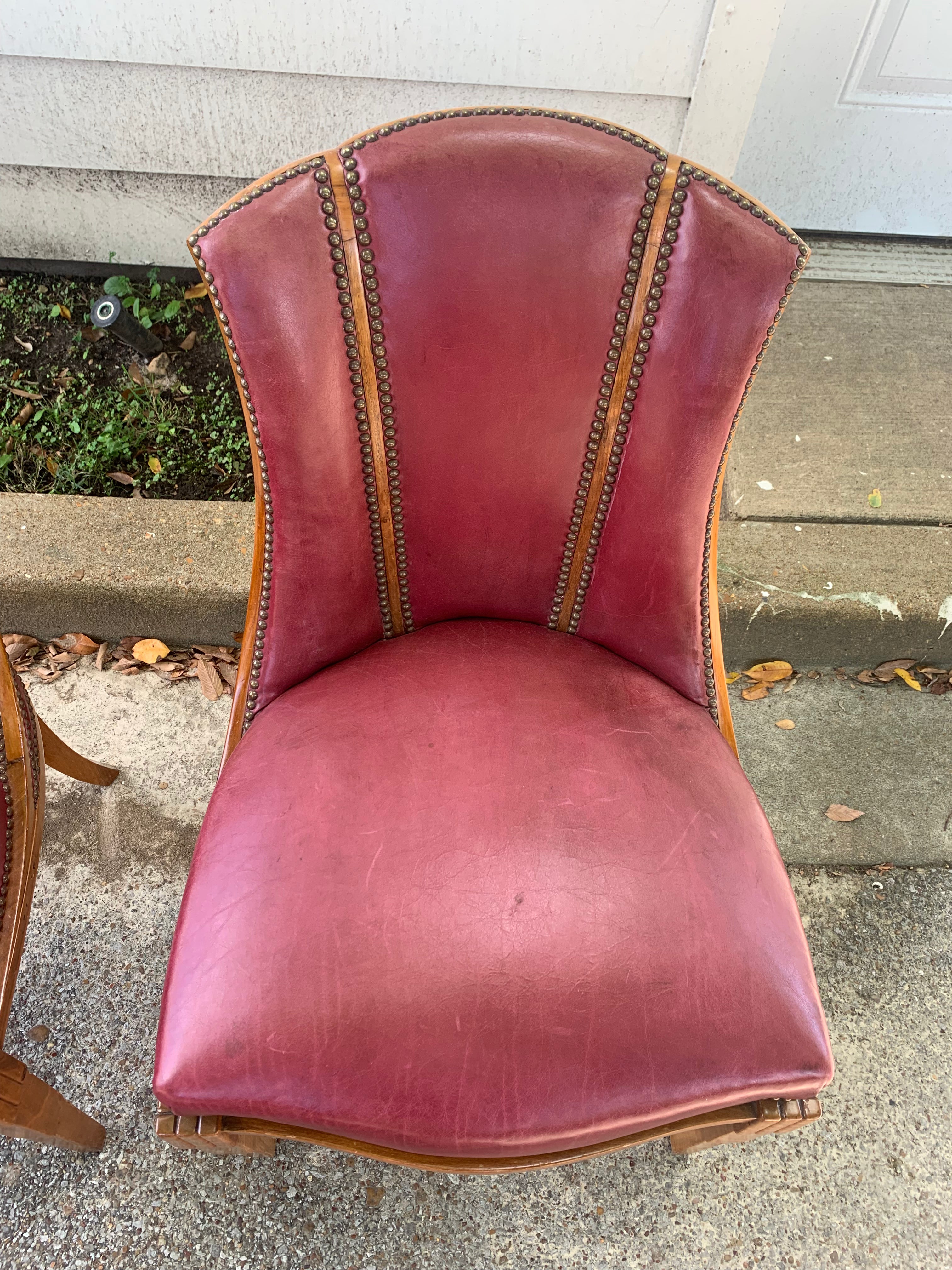 Pair of Red Leather Art Deco Side Chairs