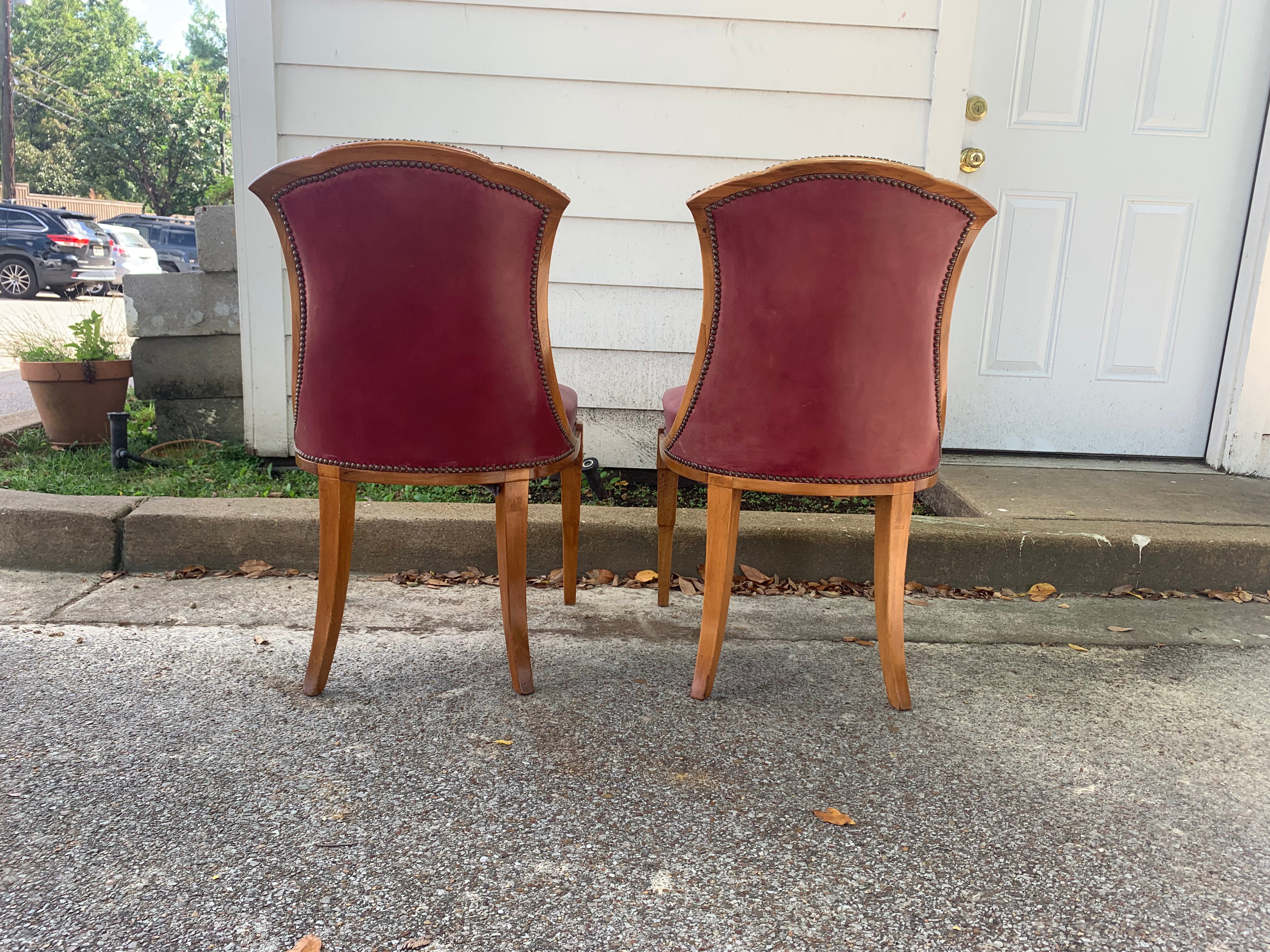 Pair of Red Leather Art Deco Side Chairs