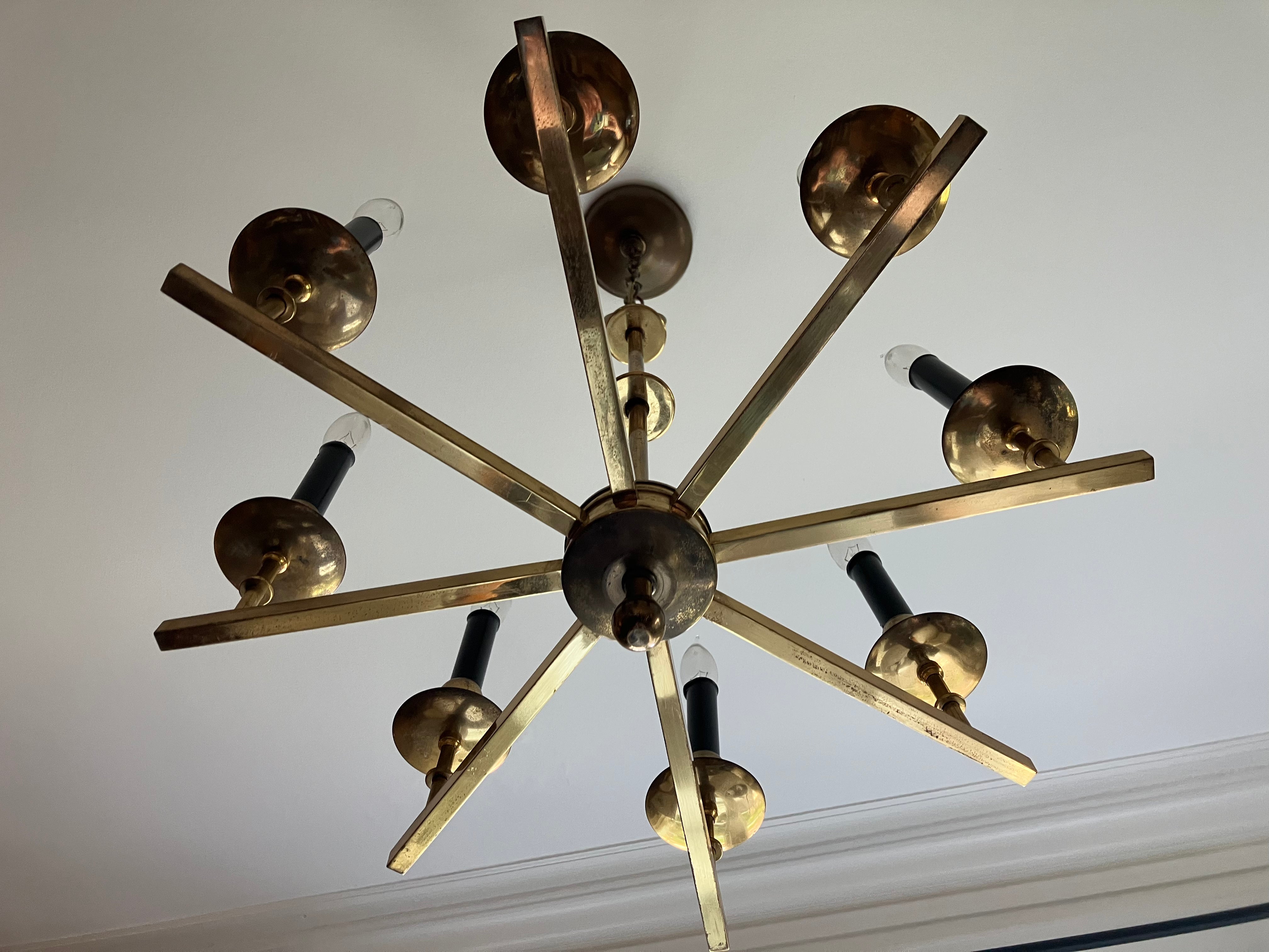 Eight Arm Brass Chandelier with  Black Candle Holders