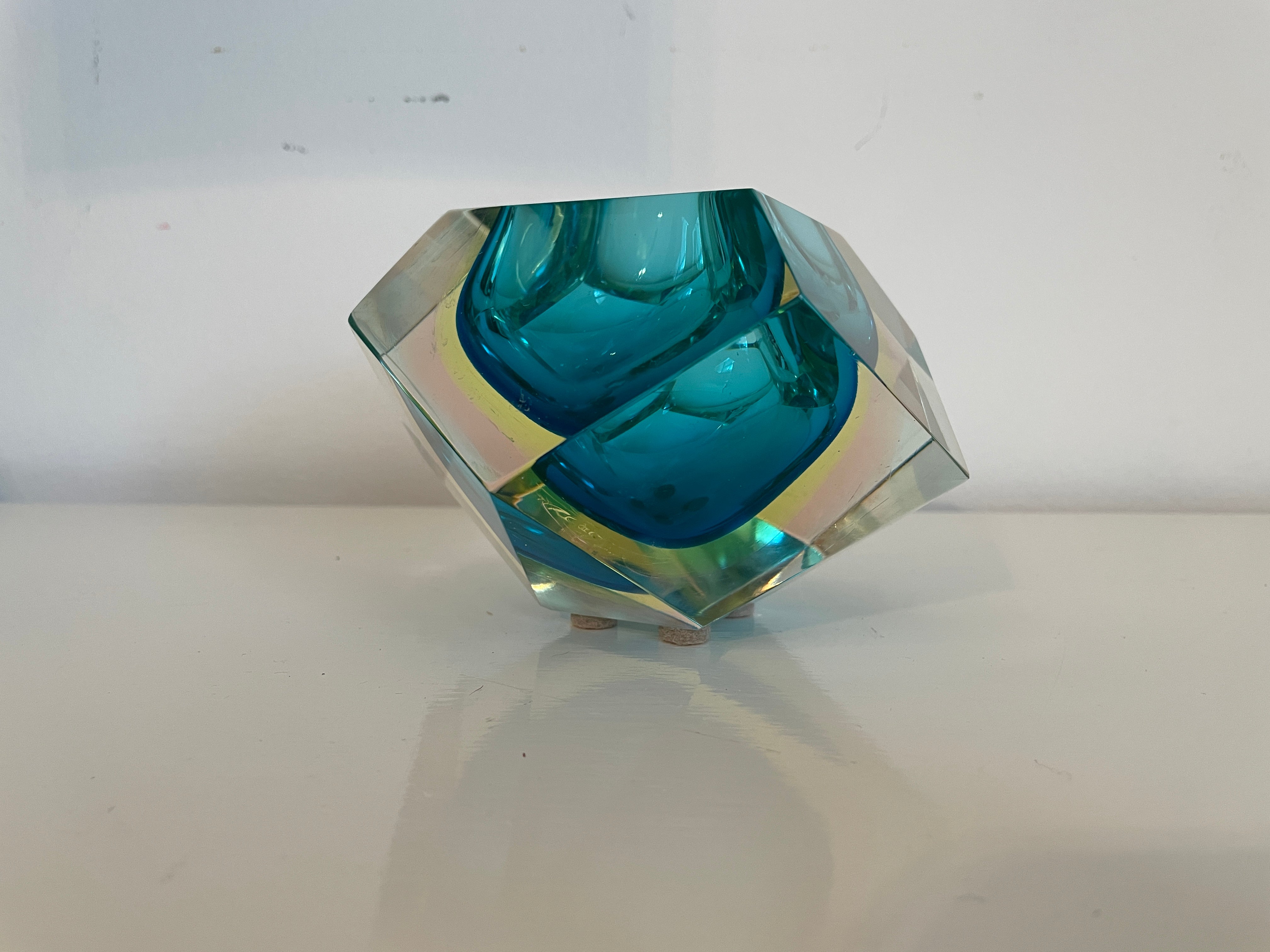 Murano Sommerso Geometric Bowl in Aqua and Acid Green