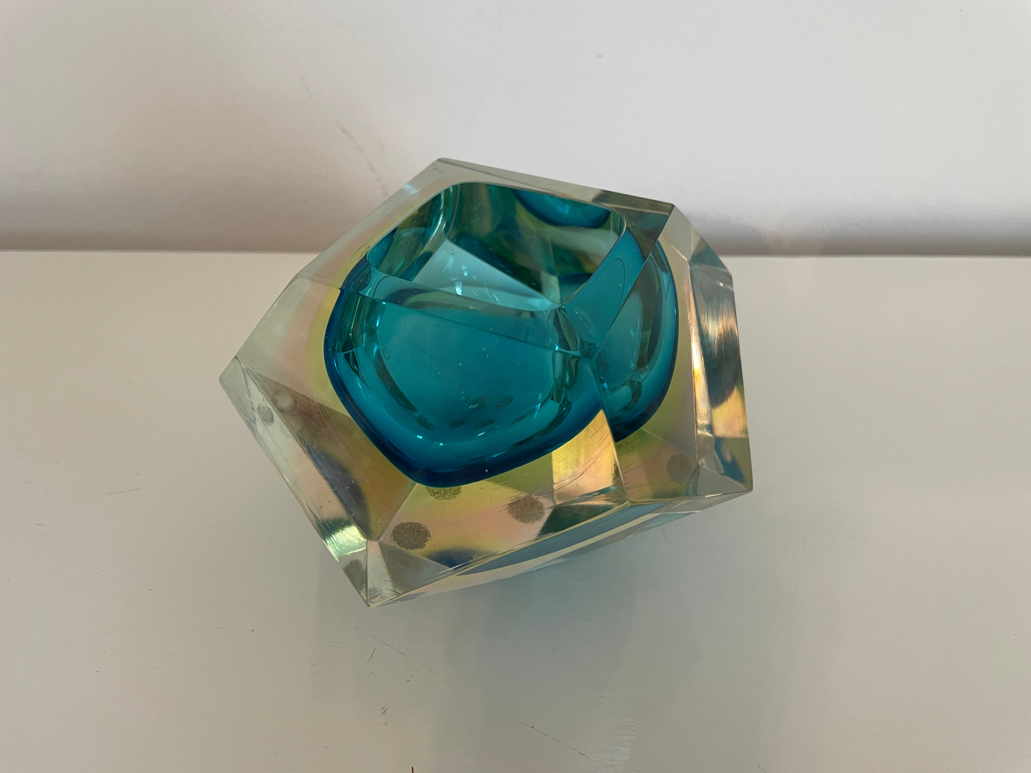 Murano Sommerso Geometric Bowl in Aqua and Acid Green