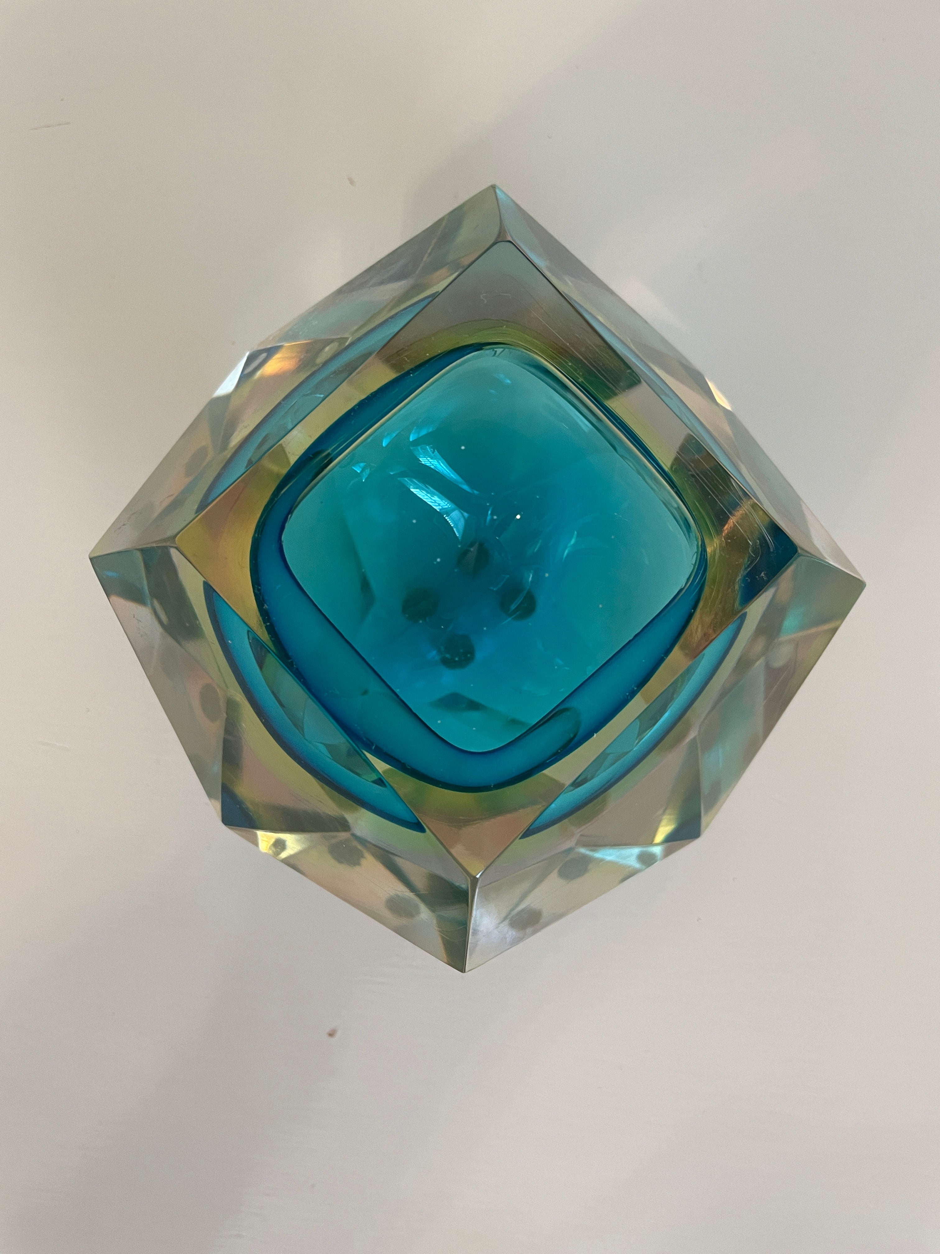 Murano Sommerso Geometric Bowl in Aqua and Acid Green