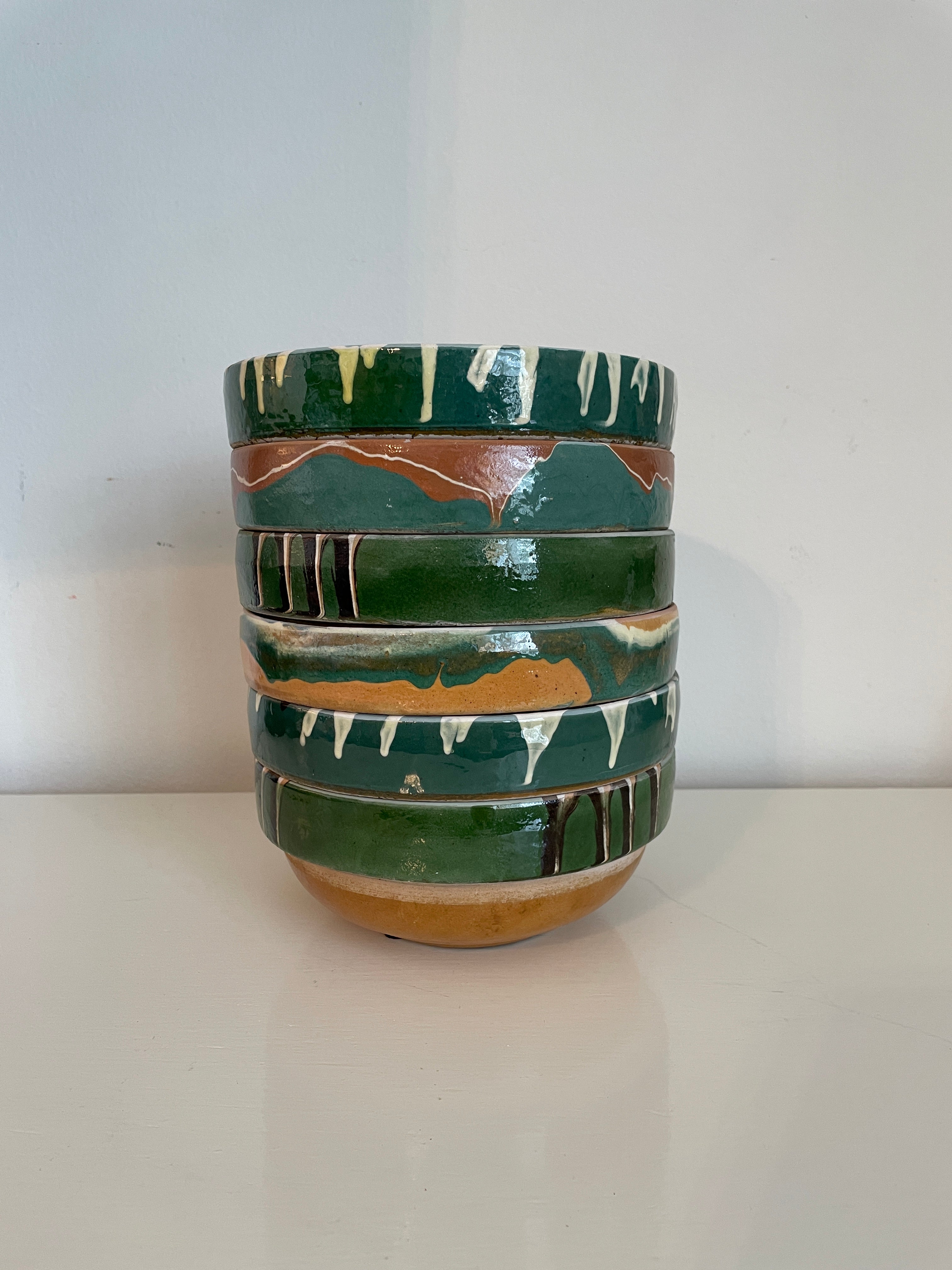 Hand-Painted Transylvanian Drip Glazed Bowls in Green