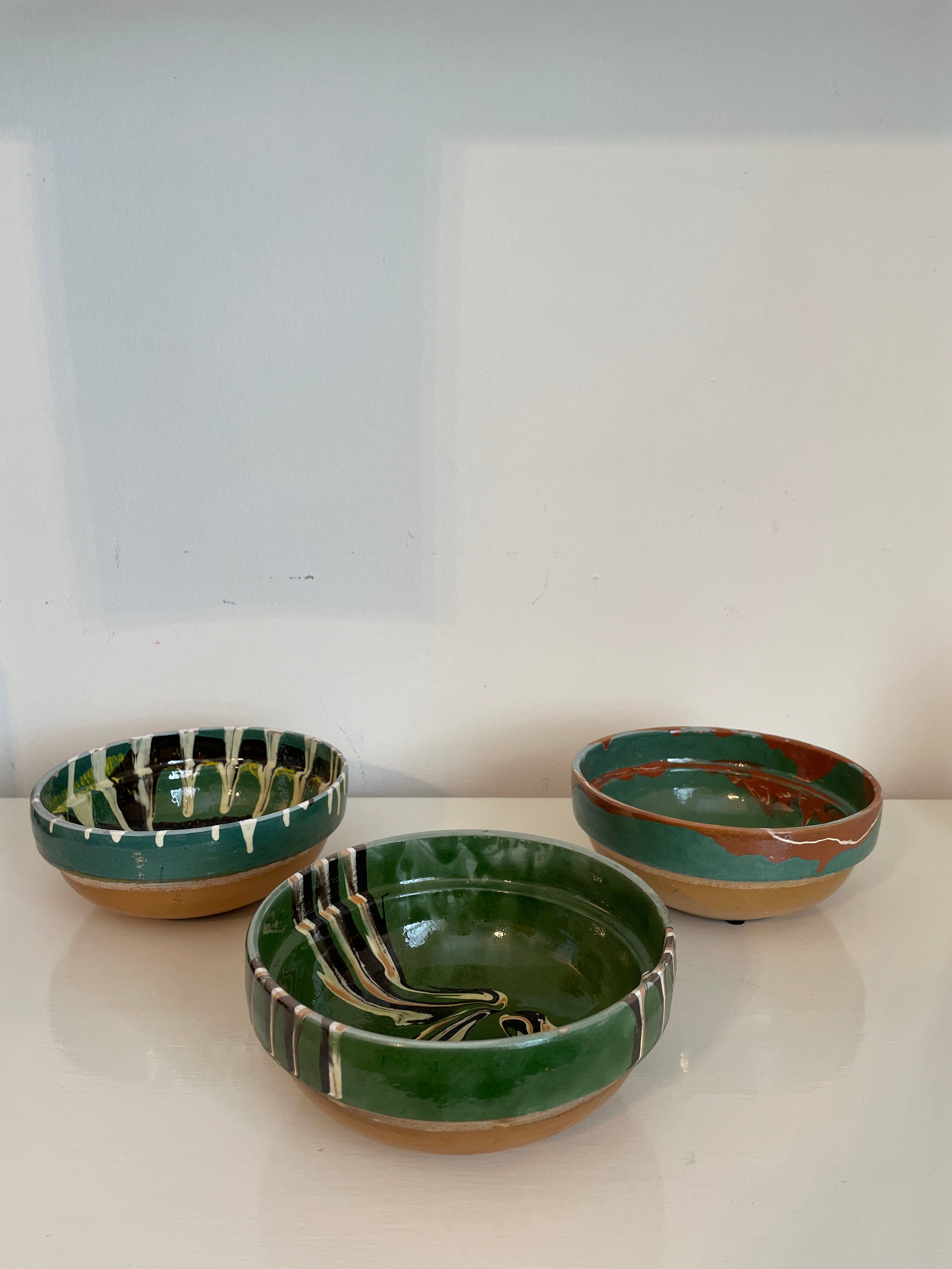 Hand-Painted Transylvanian Drip Glazed Bowls in Green