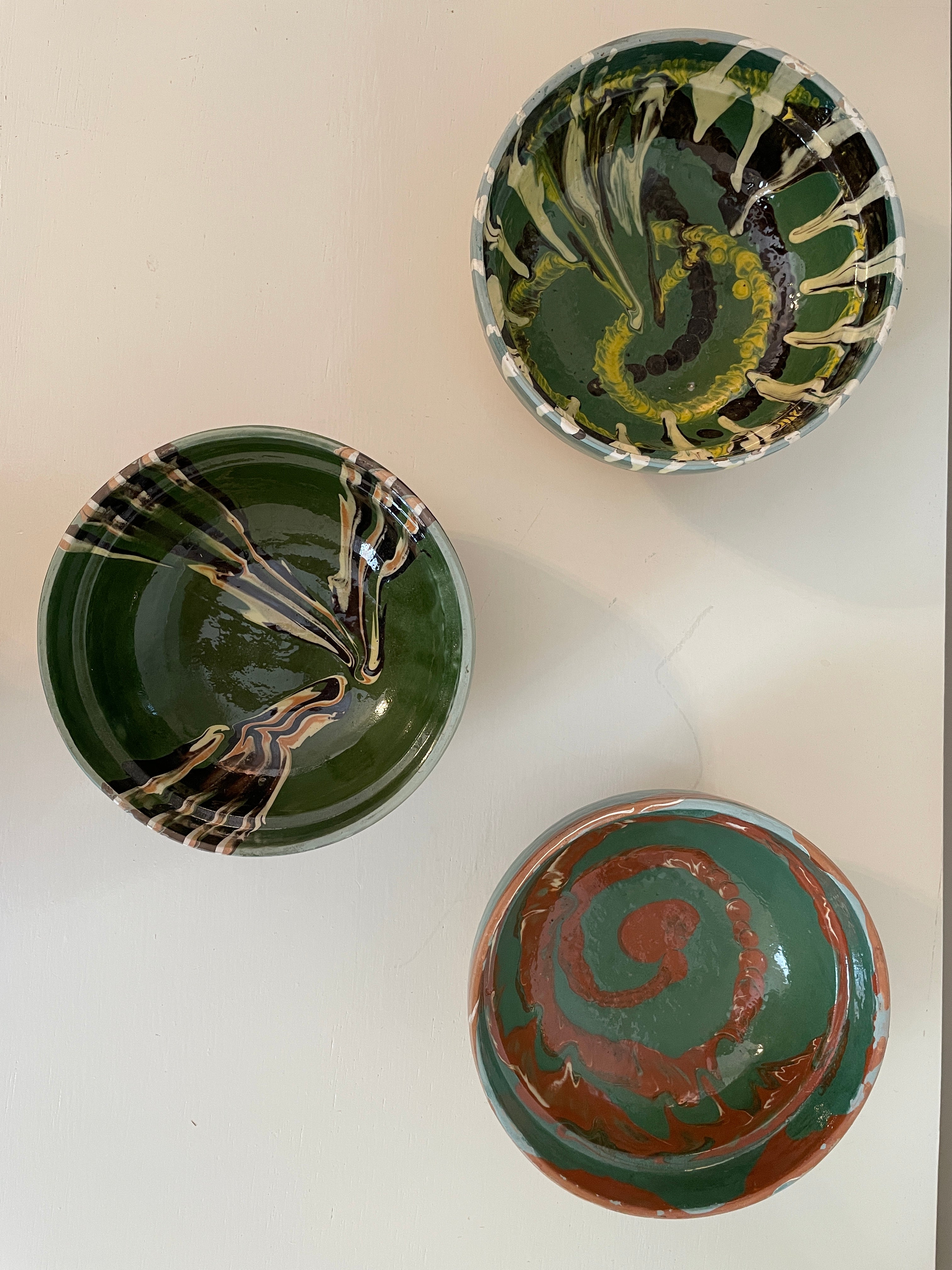 Hand-Painted Transylvanian Drip Glazed Bowls in Green