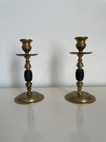 Load image into Gallery viewer, Pair Late 19th c. English Arts and Crafts Beehive Brass and Turned Wood Candlesticks
