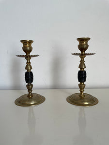 Pair Late 19th c. English Arts and Crafts Beehive Brass and Turned Wood Candlesticks