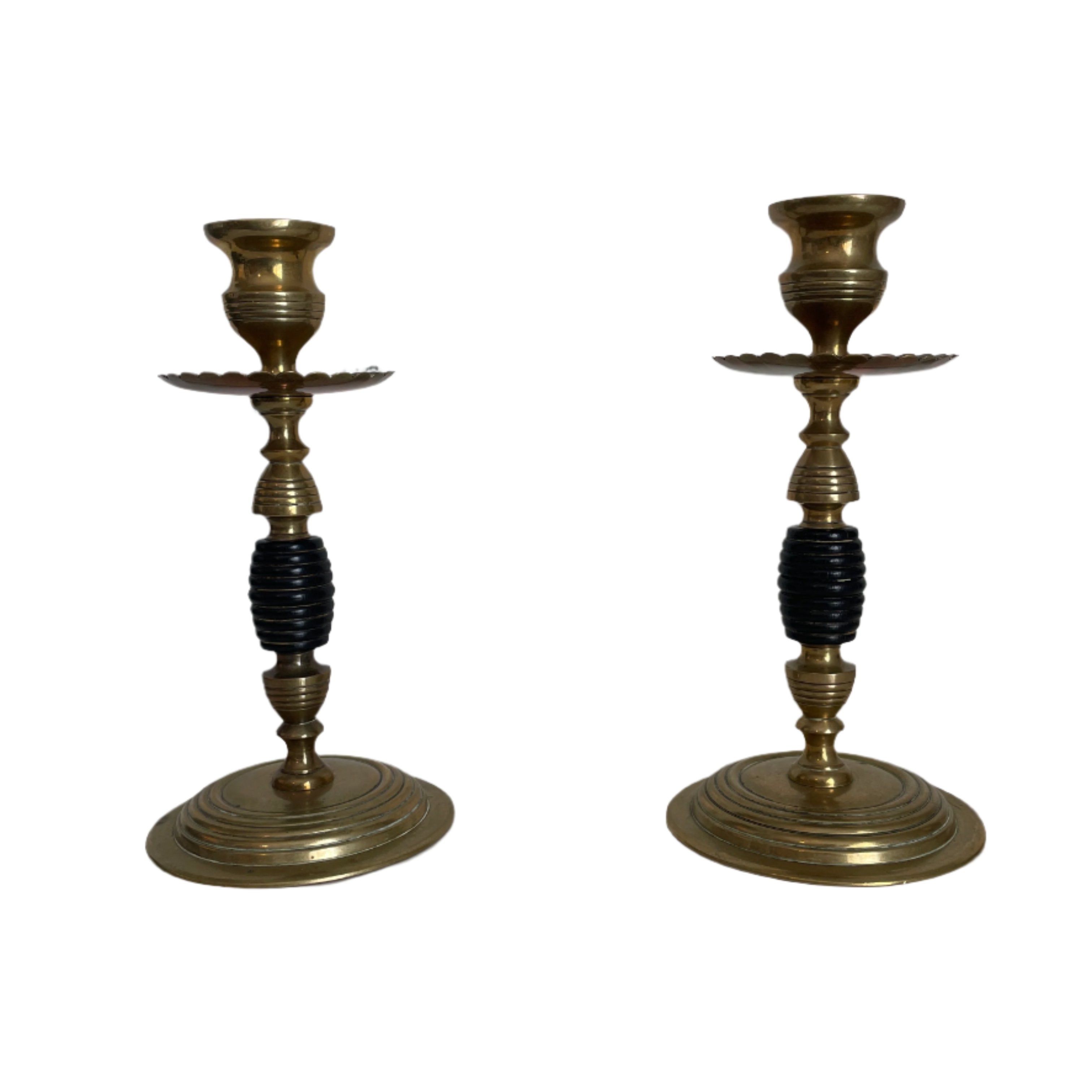 Pair Late 19th c. English Arts and Crafts Beehive Brass and Turned Wood Candlesticks