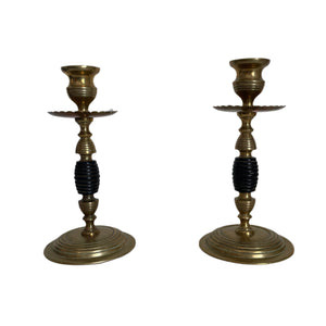 Pair Late 19th c. English Arts and Crafts Beehive Brass and Turned Wood Candlesticks