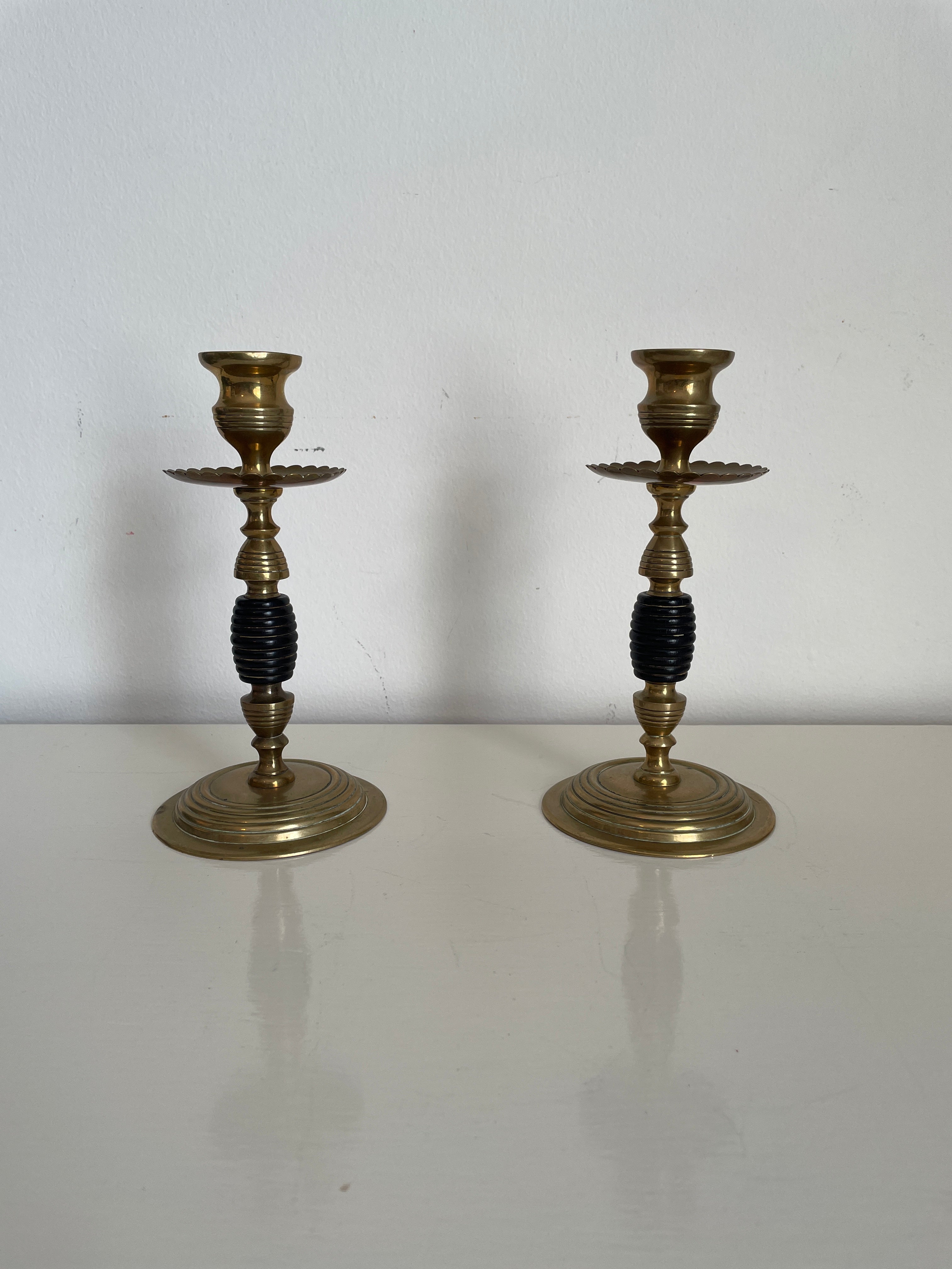 Pair Late 19th c. English Arts and Crafts Beehive Brass and Turned Wood Candlesticks