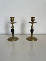 Load image into Gallery viewer, Pair Late 19th c. English Arts and Crafts Beehive Brass and Turned Wood Candlesticks
