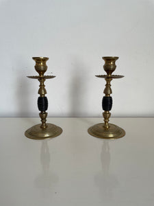 Pair Late 19th c. English Arts and Crafts Beehive Brass and Turned Wood Candlesticks