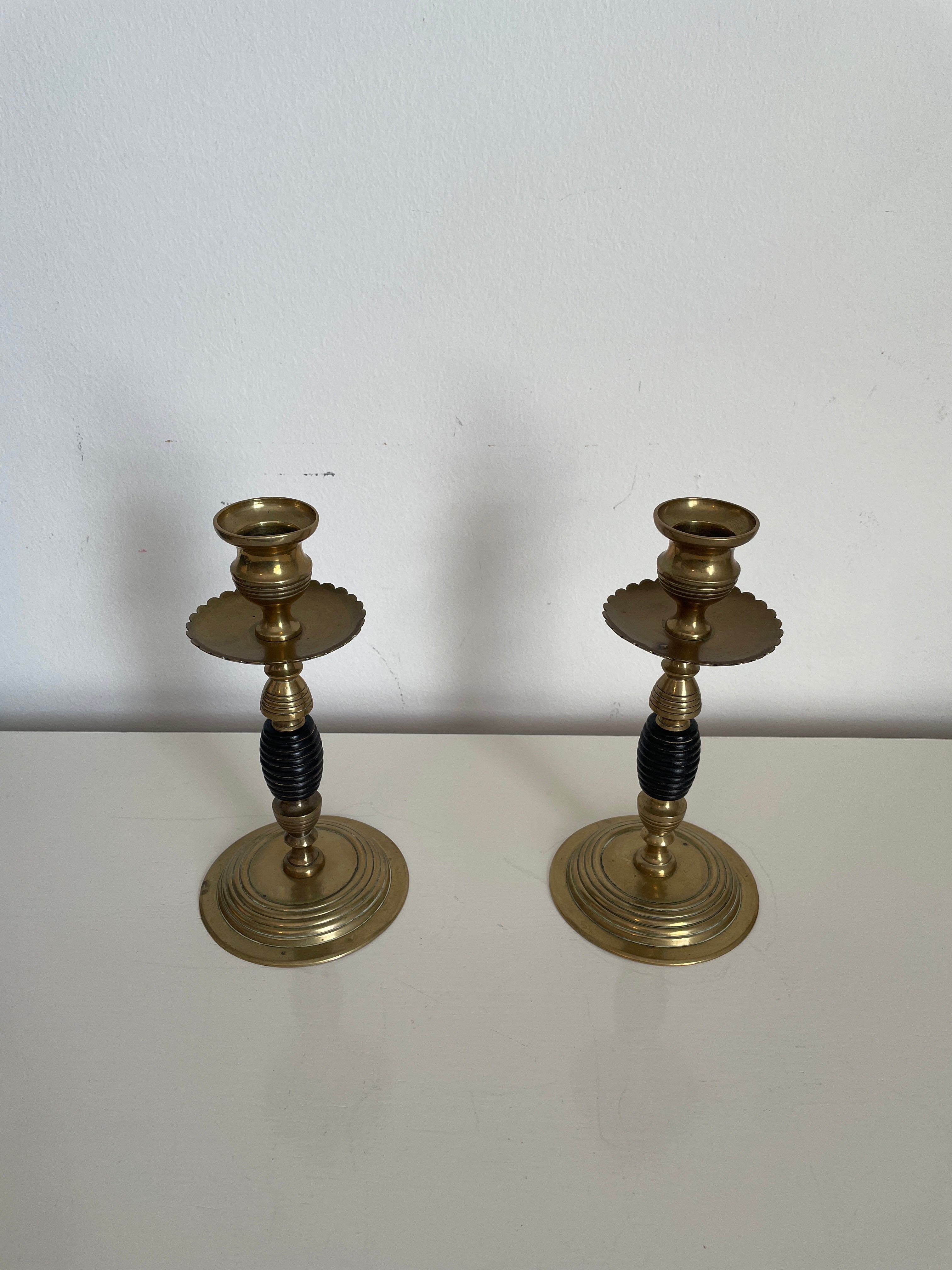 Pair Late 19th c. English Arts and Crafts Beehive Brass and Turned Wood Candlesticks