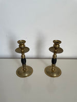 Load image into Gallery viewer, Pair Late 19th c. English Arts and Crafts Beehive Brass and Turned Wood Candlesticks
