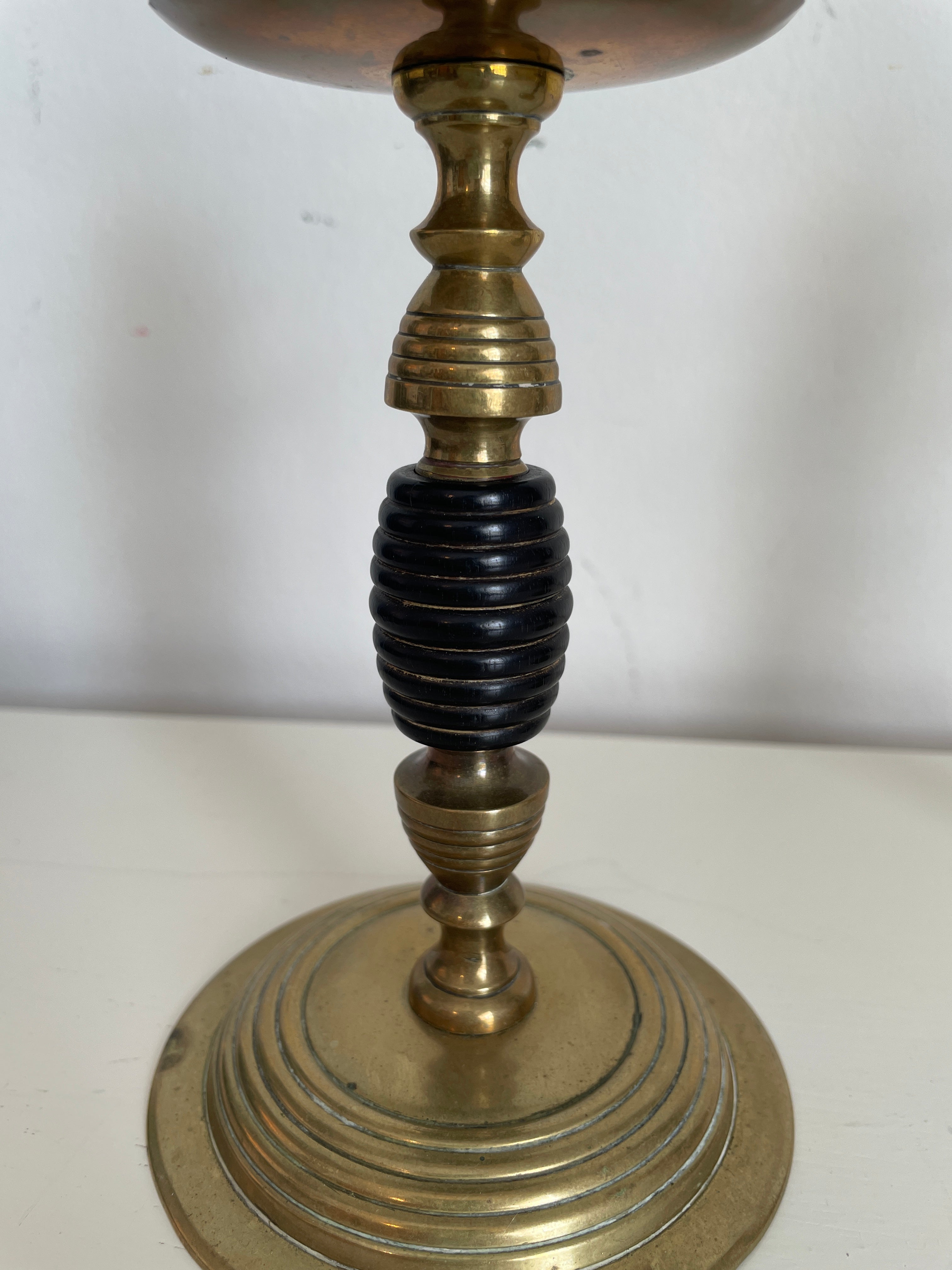 Pair Late 19th c. English Arts and Crafts Beehive Brass and Turned Wood Candlesticks