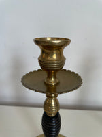 Load image into Gallery viewer, Pair Late 19th c. English Arts and Crafts Beehive Brass and Turned Wood Candlesticks
