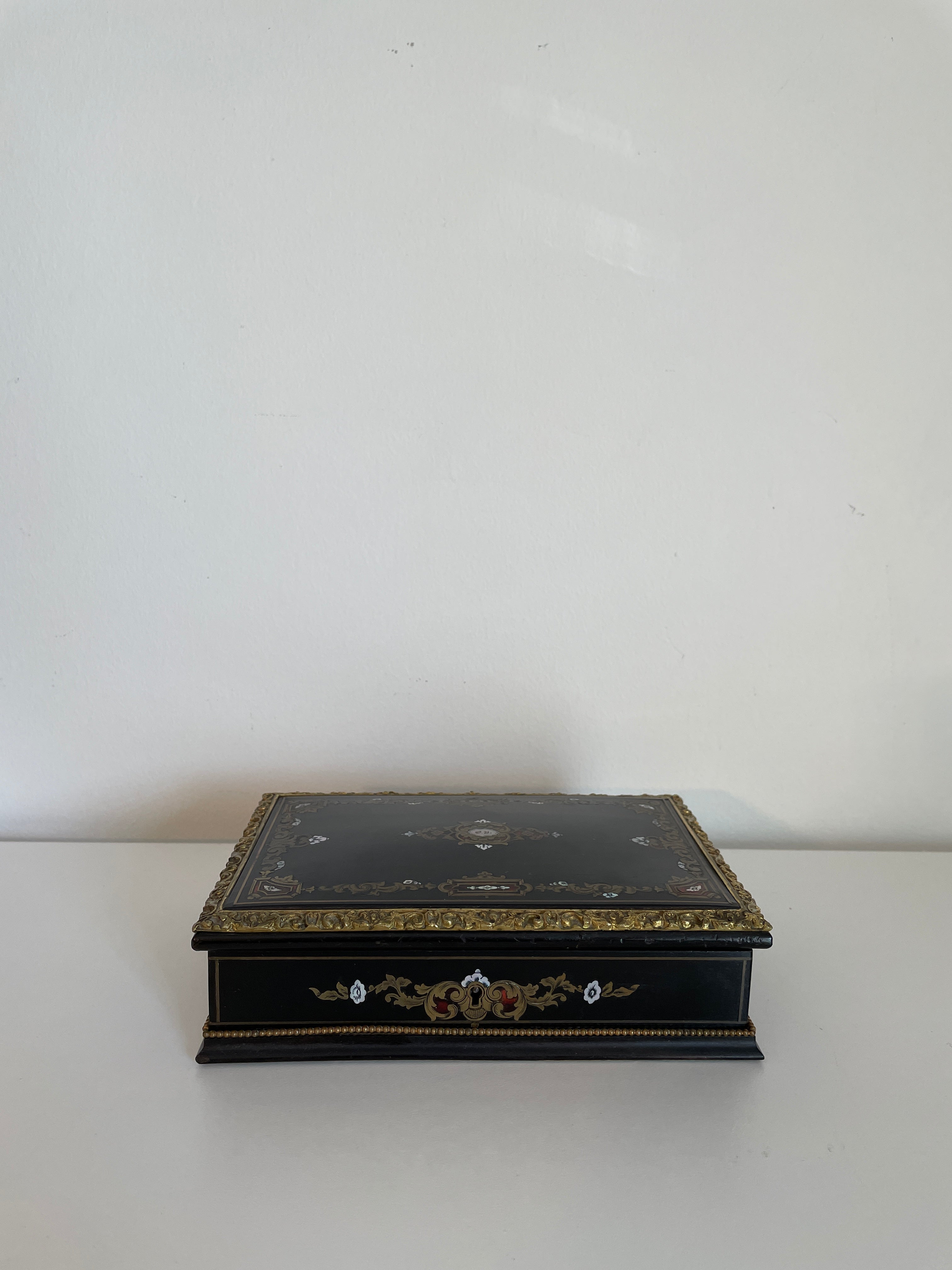 Antique French Napoleon III Box in Brass, Wood, and Mother of Pearl Inlay