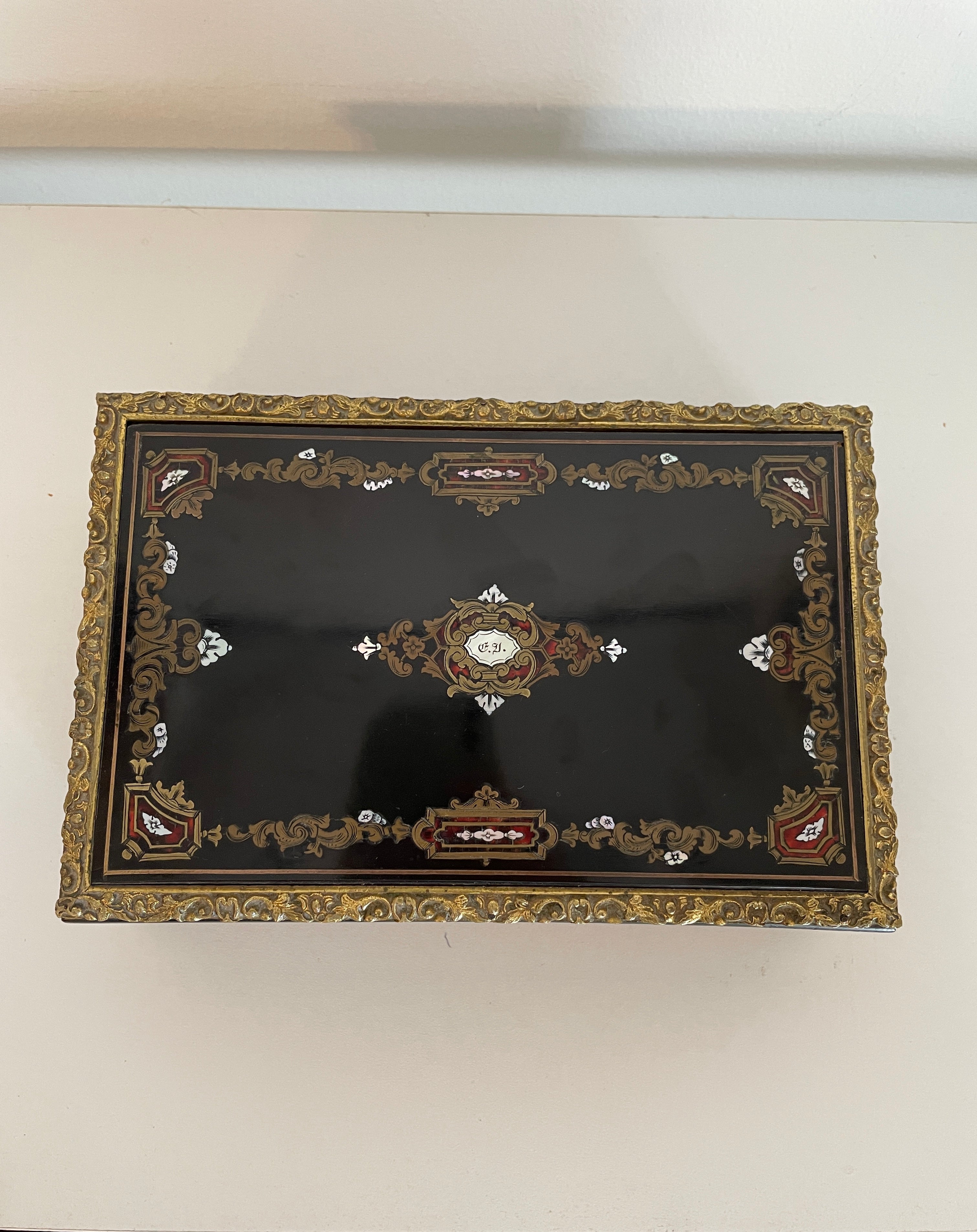 Antique French Napoleon III Box in Brass, Wood, and Mother of Pearl Inlay