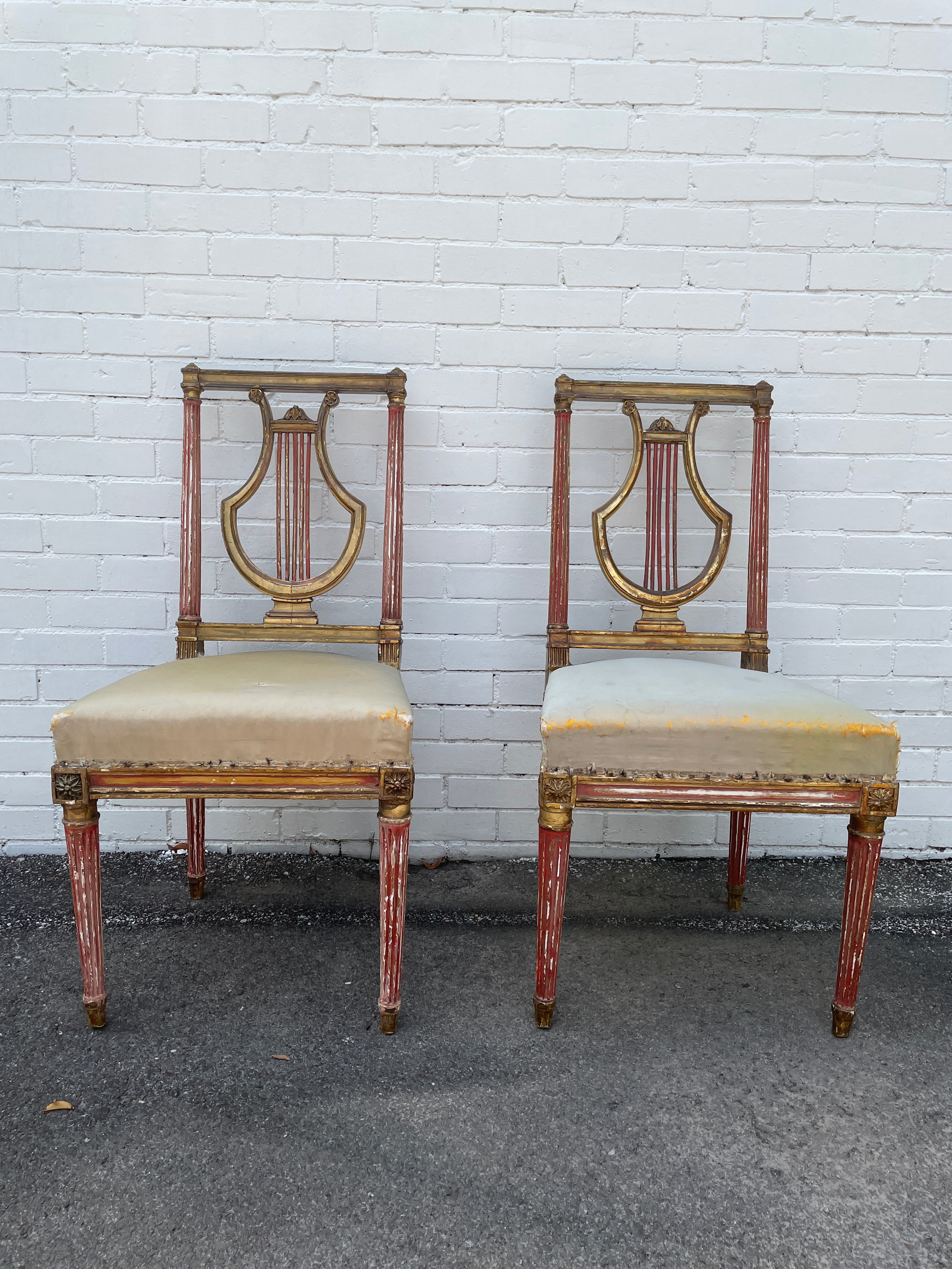 Pair of Stunning Louis XVI Parcel Gilt Lyre Back Chairs