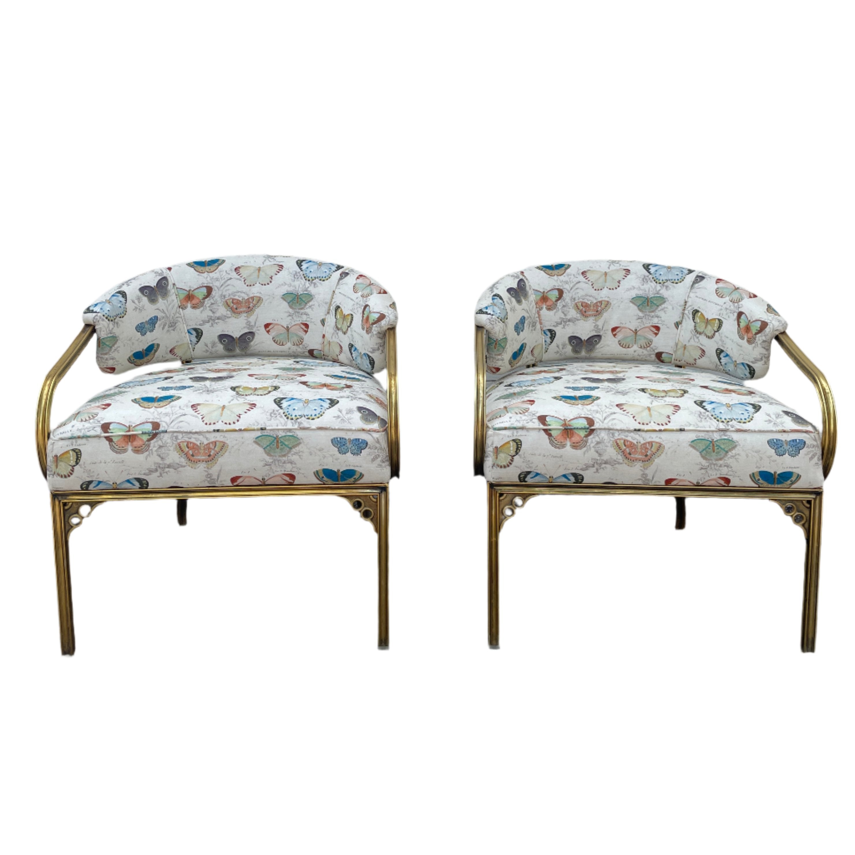 Pair of John Van Koert for Troy Sunshade Cymbal Chairs Newly Upholstered in Butterfly Fabric