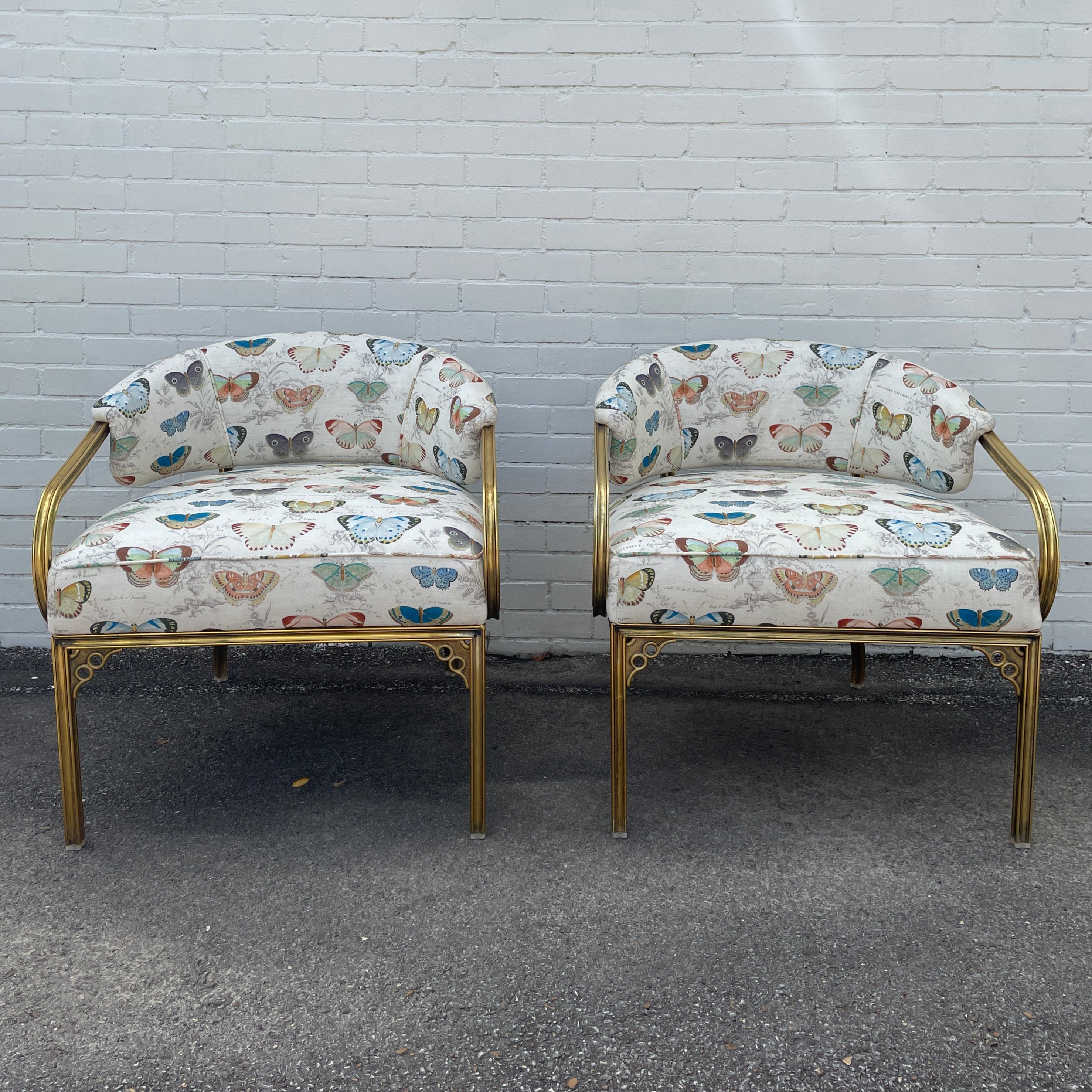 Pair of John Van Koert for Troy Sunshade Cymbal Chairs Newly Upholstered in Butterfly Fabric