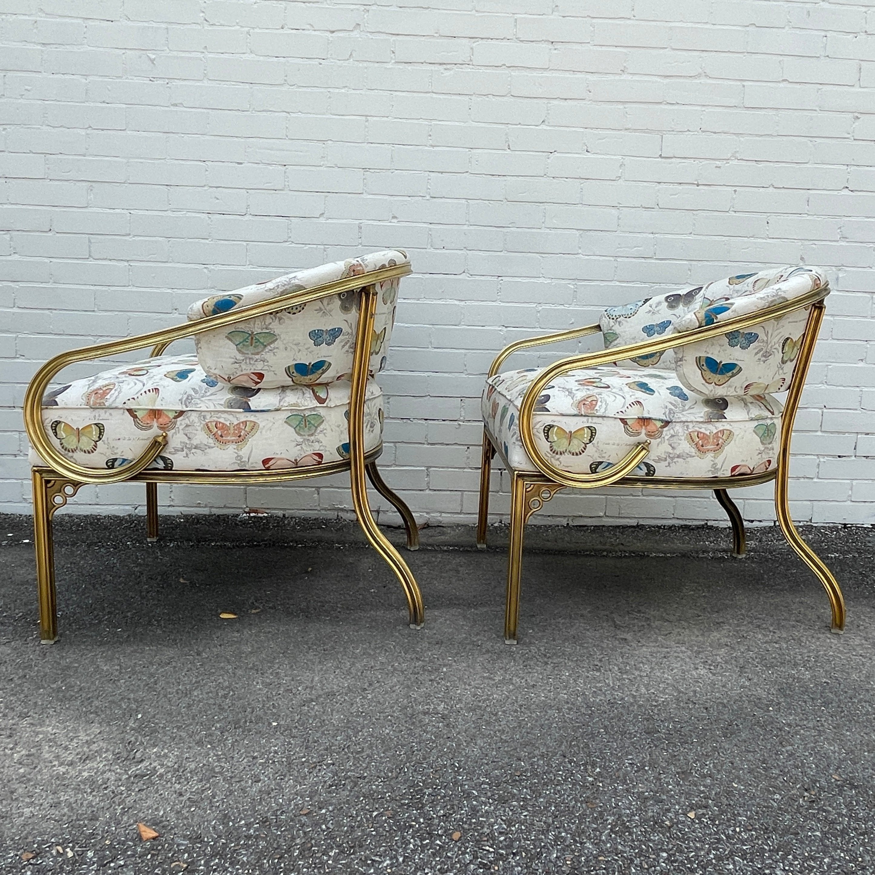 Pair of John Van Koert for Troy Sunshade Cymbal Chairs Newly Upholstered in Butterfly Fabric