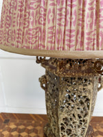 Load image into Gallery viewer, Ceramic Pagoda Lamp with Pink Shirred Shade with Gold Trim
