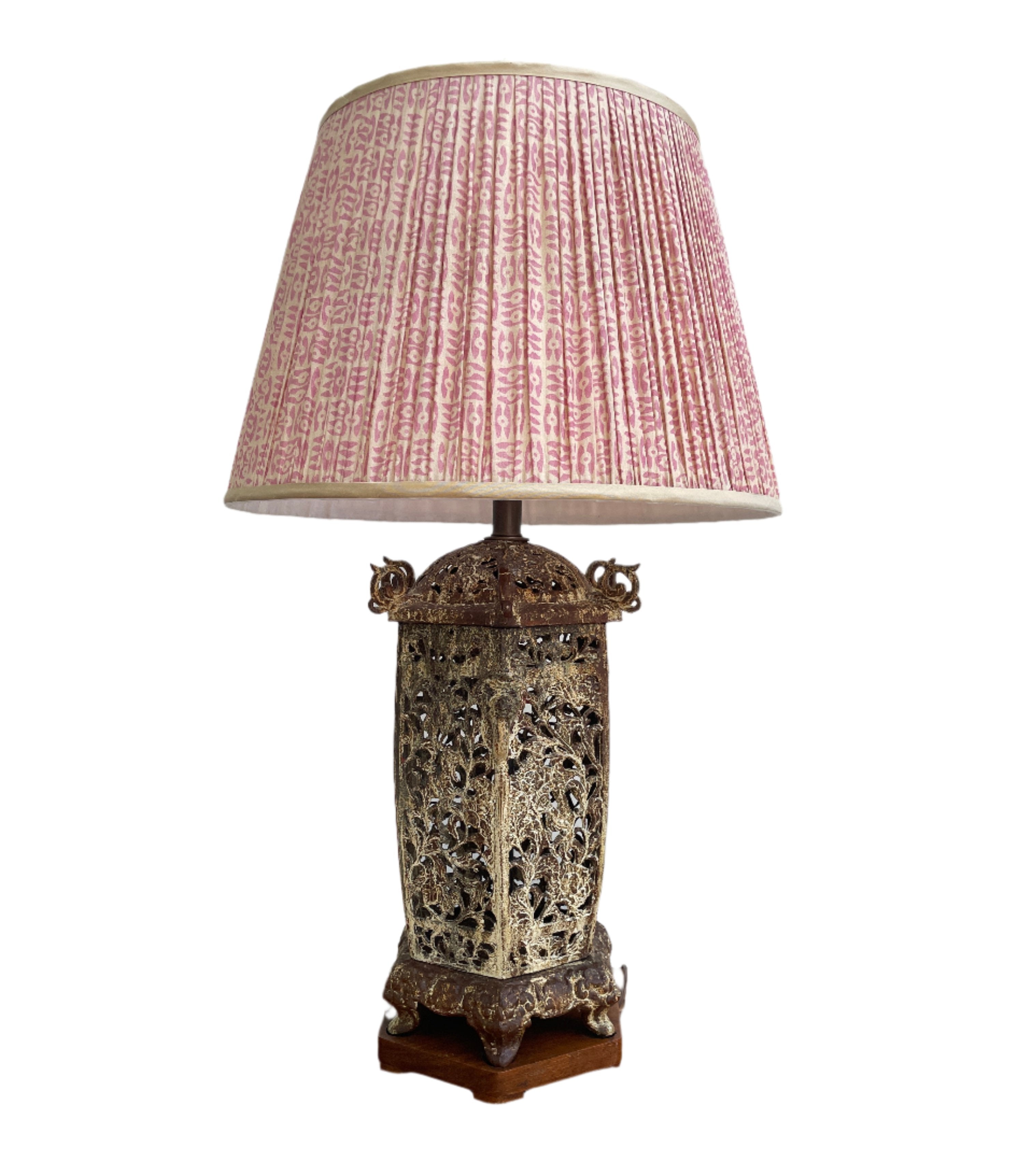 Ceramic Pagoda Lamp with Pink Shirred Shade with Gold Trim