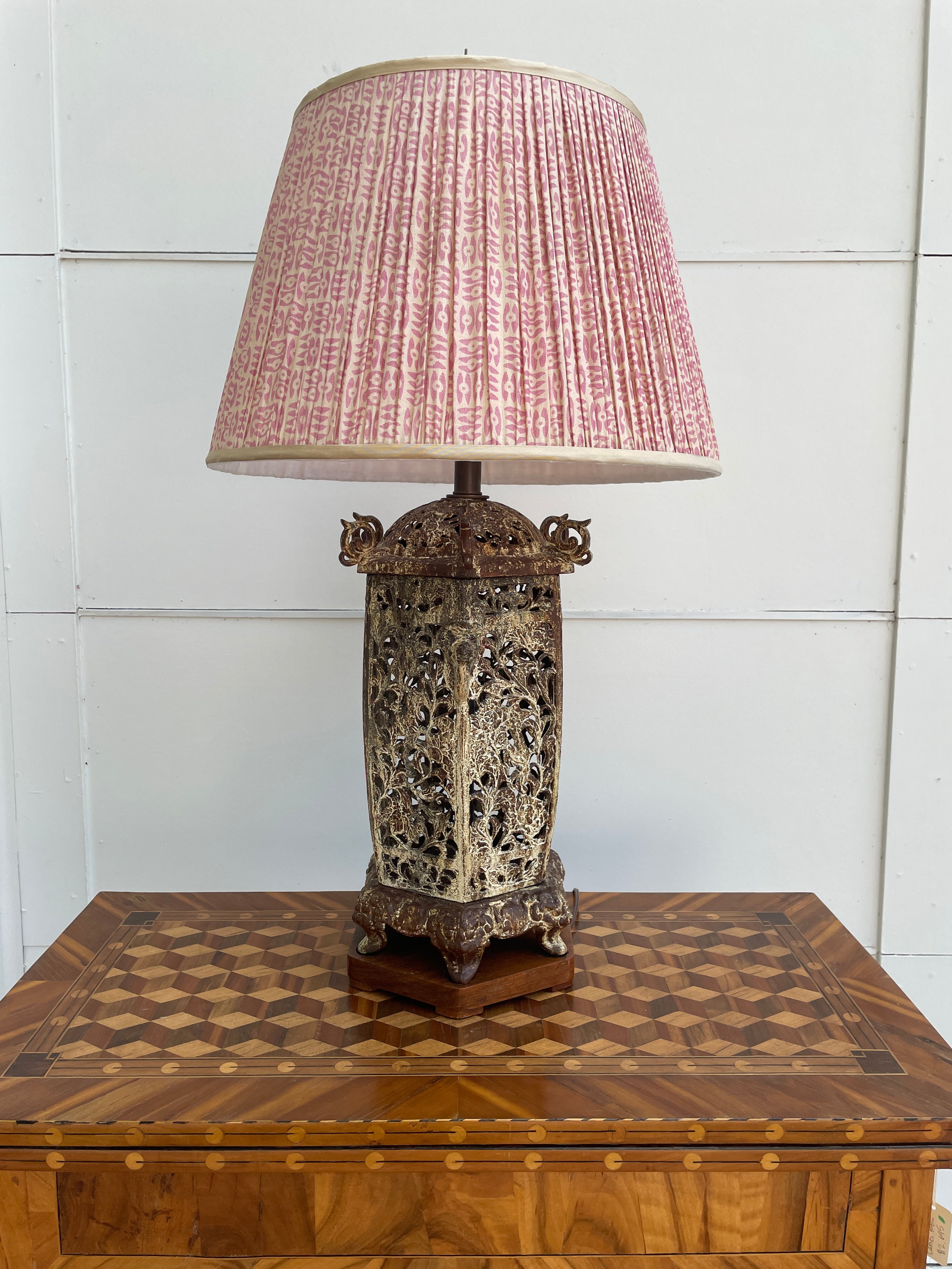 Ceramic Pagoda Lamp with Pink Shirred Shade with Gold Trim