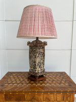 Load image into Gallery viewer, Ceramic Pagoda Lamp with Pink Shirred Shade with Gold Trim
