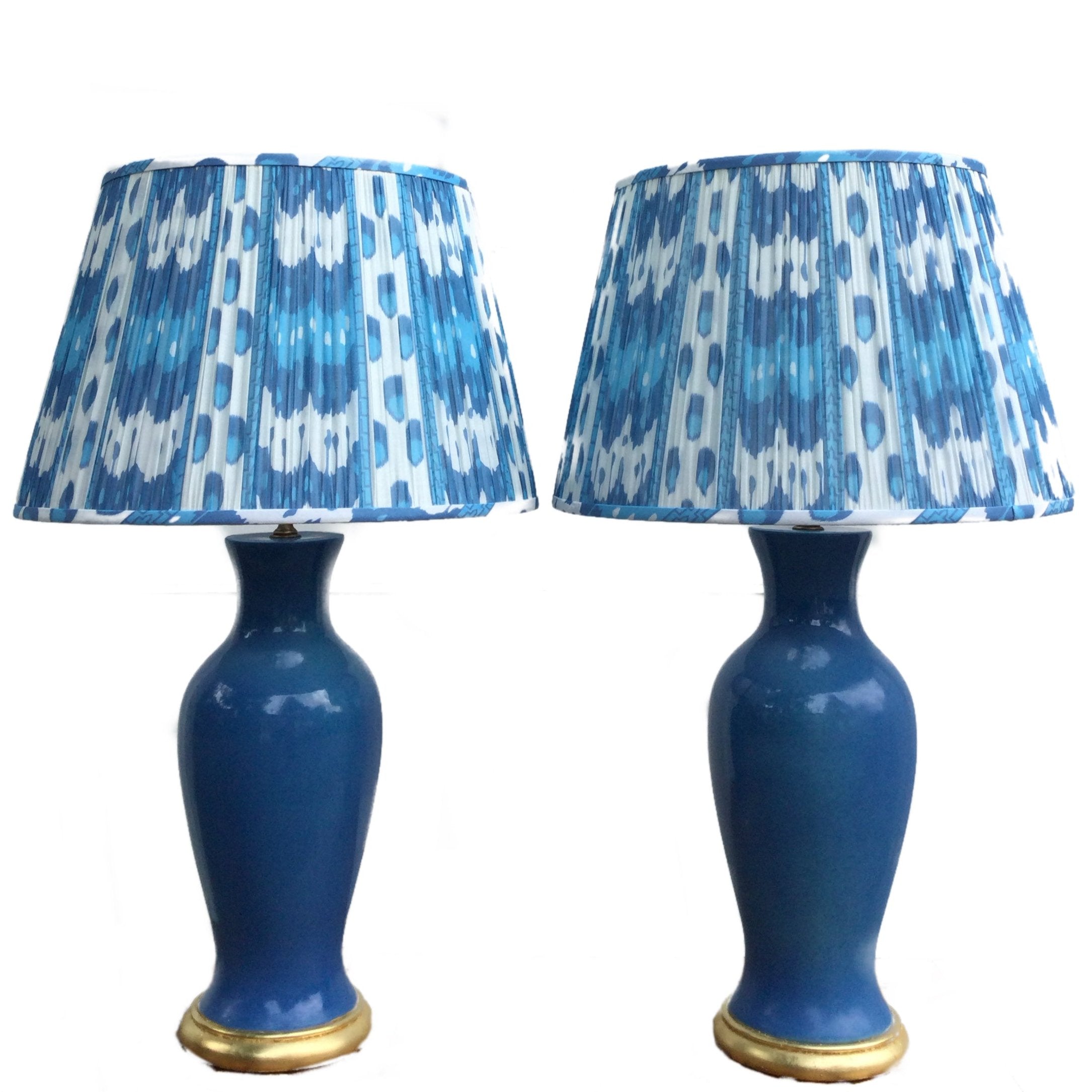 Pair of Mid Century Ceramic Lamps in French Blue with Blue Shirred Ikat Shades