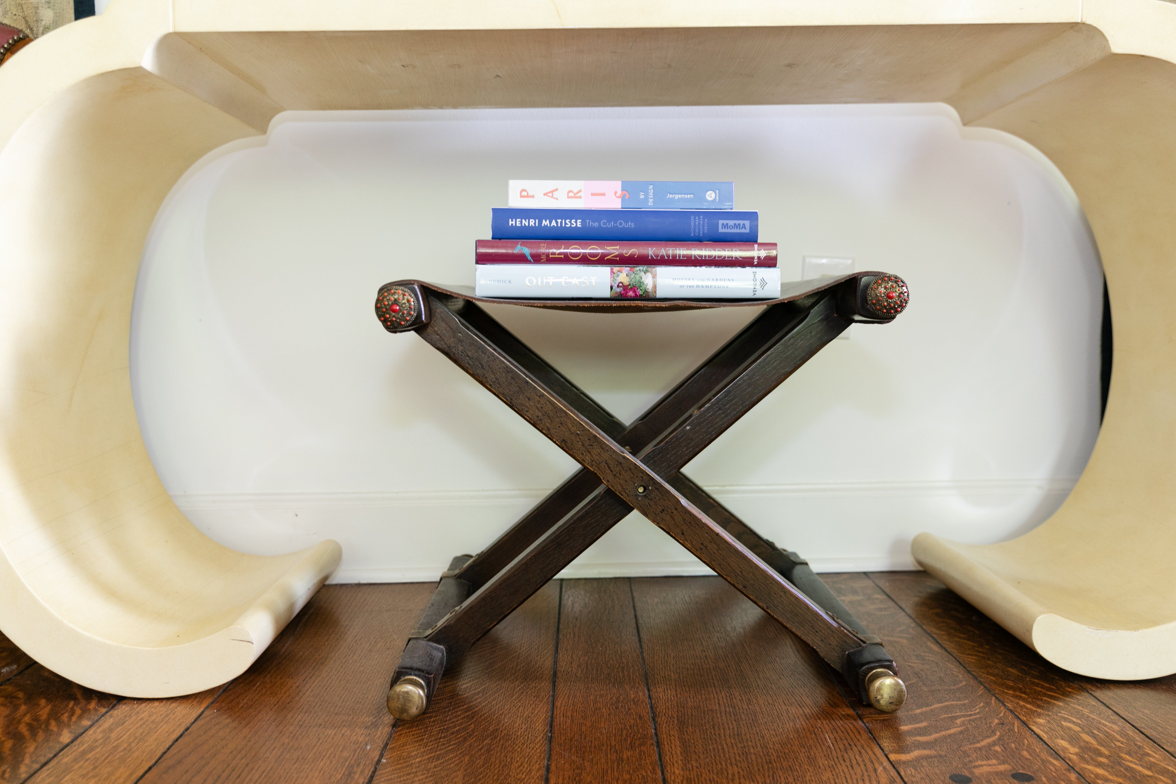 Mid Century Folding Leather Sling Stool