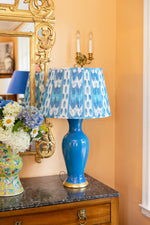 Load image into Gallery viewer, Pair of Mid Century Ceramic Lamps in French Blue with Blue Shirred Ikat Shades
