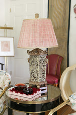 Load image into Gallery viewer, Ceramic Pagoda Lamp with Pink Shirred Shade with Gold Trim
