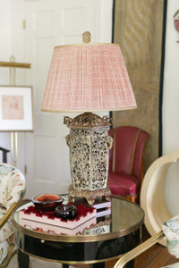 Ceramic Pagoda Lamp with Pink Shirred Shade with Gold Trim