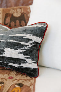 Schumacher Fabric Pillow in Charcoal and Cream with Garnet Velvet Trim