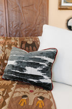 Load image into Gallery viewer, Schumacher Fabric Pillow in Charcoal and Cream with Garnet Velvet Trim
